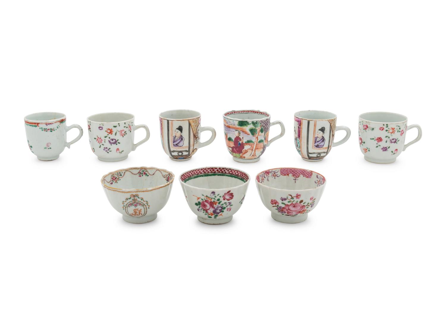 A Group of Nine Chinese Export Famille Rose Porcelain Tea Cups