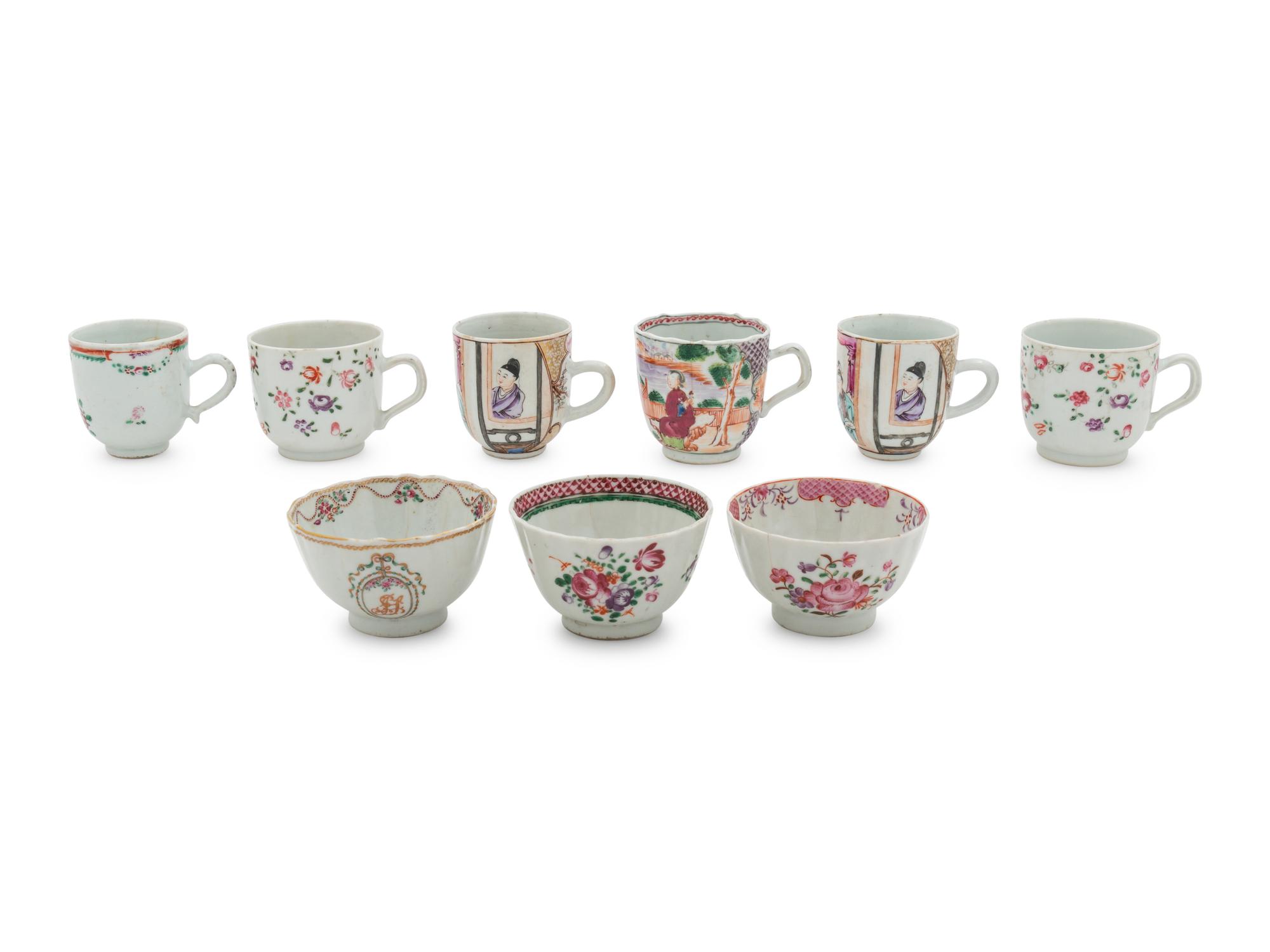 A Group of Nine Chinese Export Famille Rose Porcelain Tea Cups