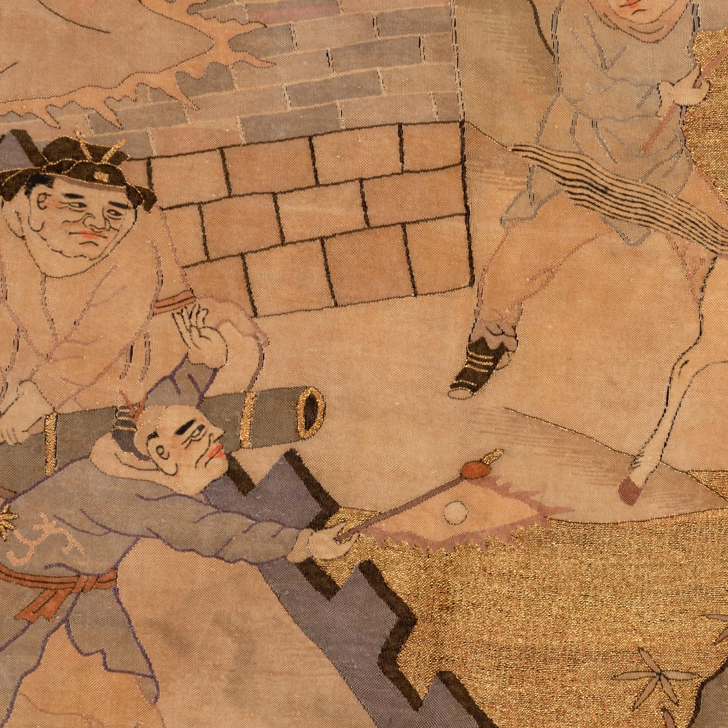 A Large Chinese Kesi 'Three Kingdom ' Silk Panel and Two Small Fragments, Late 19th Century 清晚期 金地緙絲三國故事圖挂賬及人物故事圖兩幅