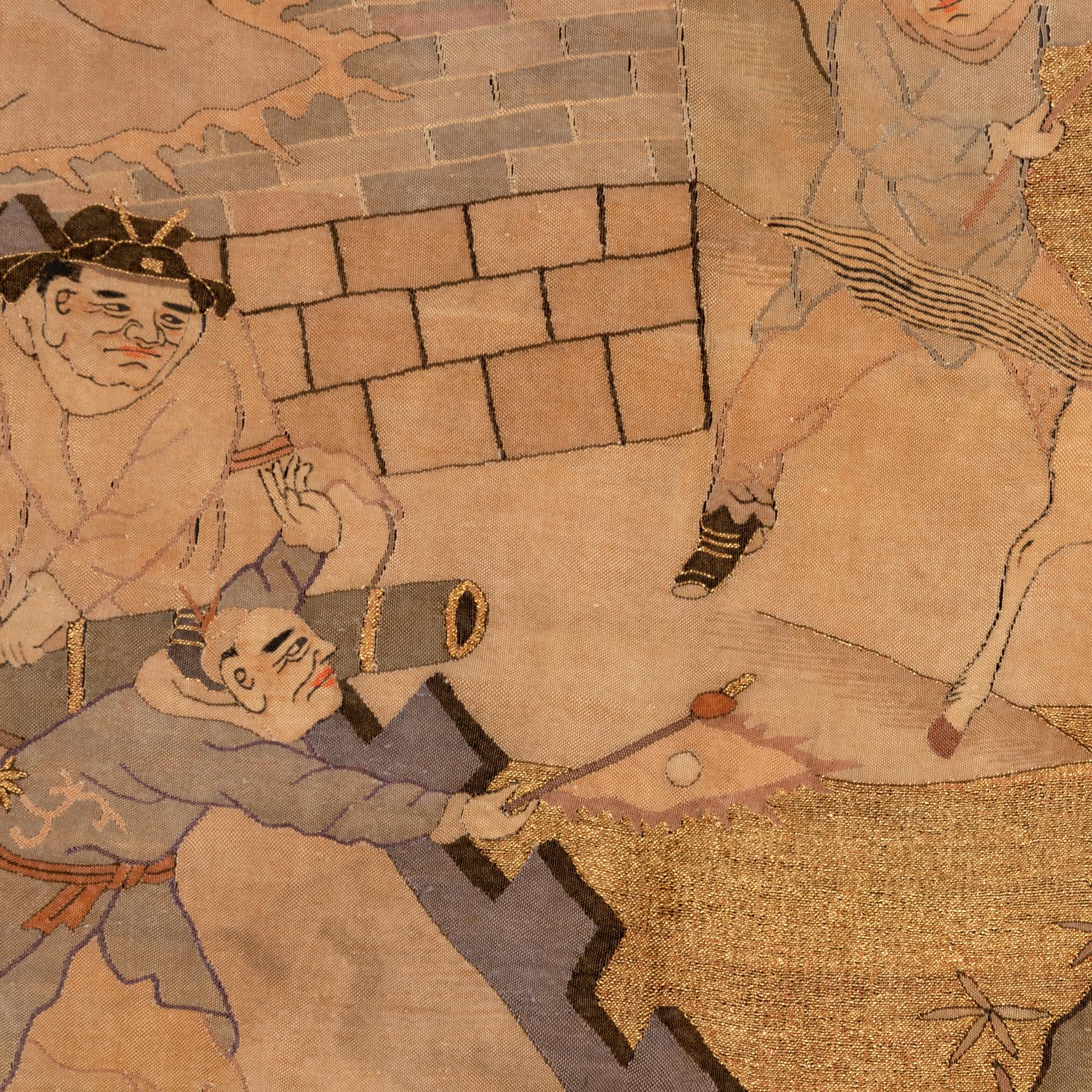 A Large Chinese Kesi 'Three Kingdom ' Silk Panel and Two Small Fragments, Late 19th Century 清晚期 金地緙絲三國故事圖挂賬及人物故事圖兩幅