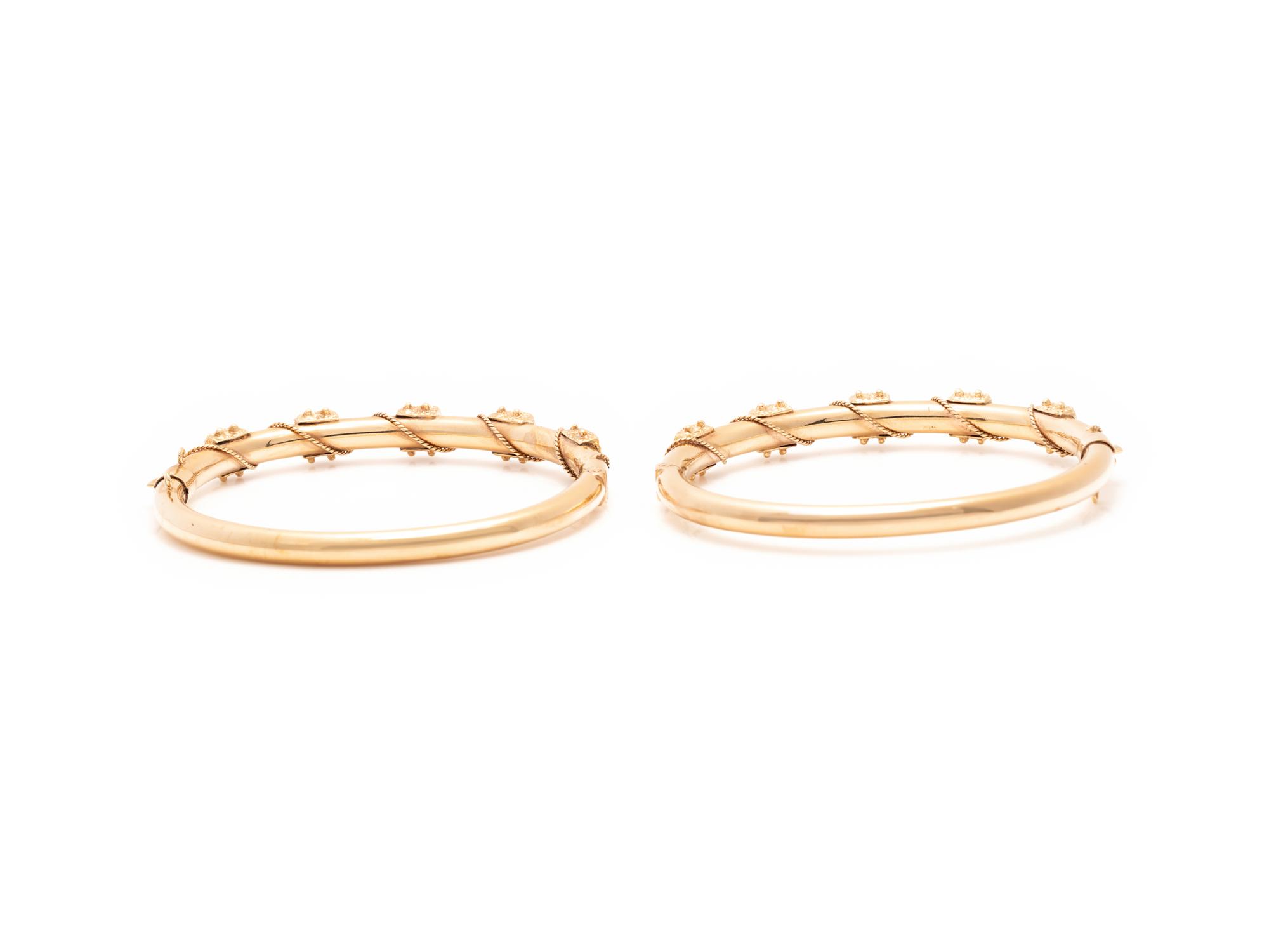PAIR OF YELLOW GOLD AND DIAMOND BANGLE BRACELETS