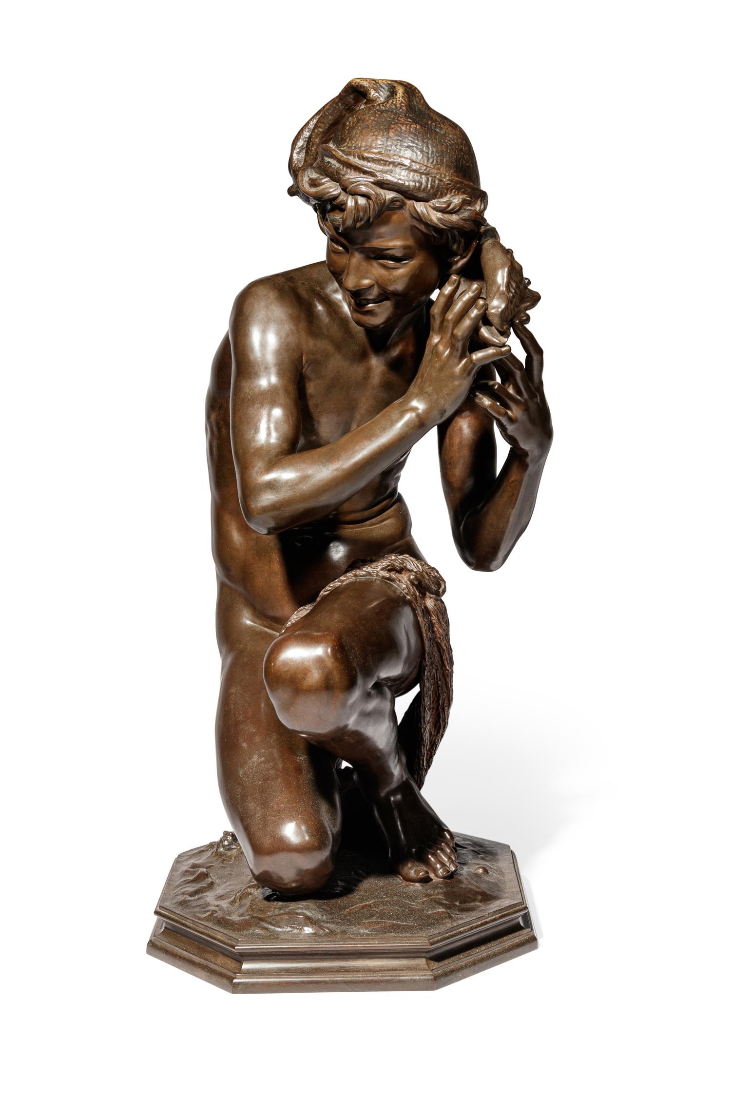 Jean-Baptiste Carpeaux (French, 1827-1875) | 19th Century | Le jeune pêcheur à la coquille | bronze | signed JB Carpeaux and with Propriété Carpeaux stamp | Height 35 1/2 x width 15 5/8 x depth 18 5/8 inches.