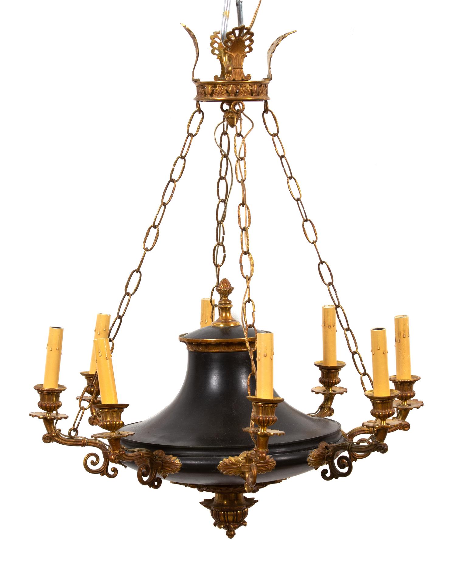 A Regency Gilt Bronze and Black Tole Eight Light Chandelier Height 18 x diameter 20 inches. — EARLY 19TH CENTURY