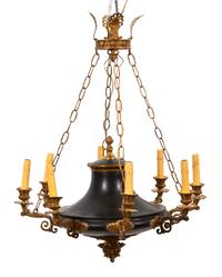 A Regency Gilt Bronze and Black Tole Eight Light Chandelier Height 18 x diameter 20 inches. — EARLY 19TH CENTURY
