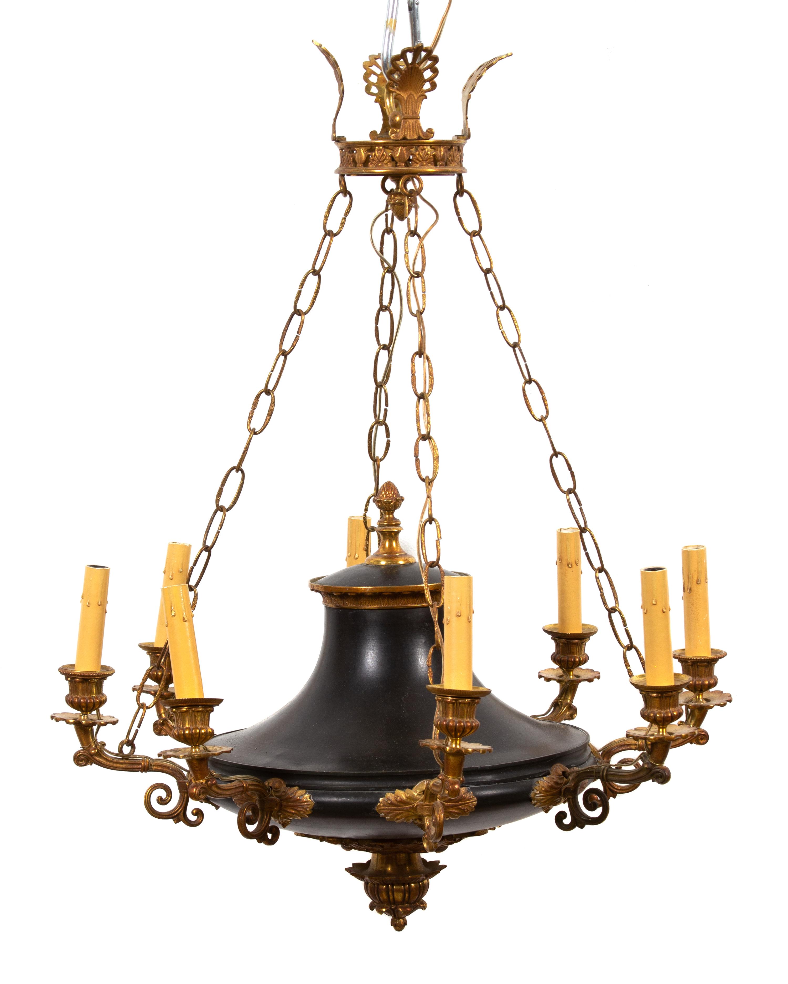 A Regency Gilt Bronze and Black Tole Eight Light Chandelier Height 18 x diameter 20 inches. — EARLY 19TH CENTURY