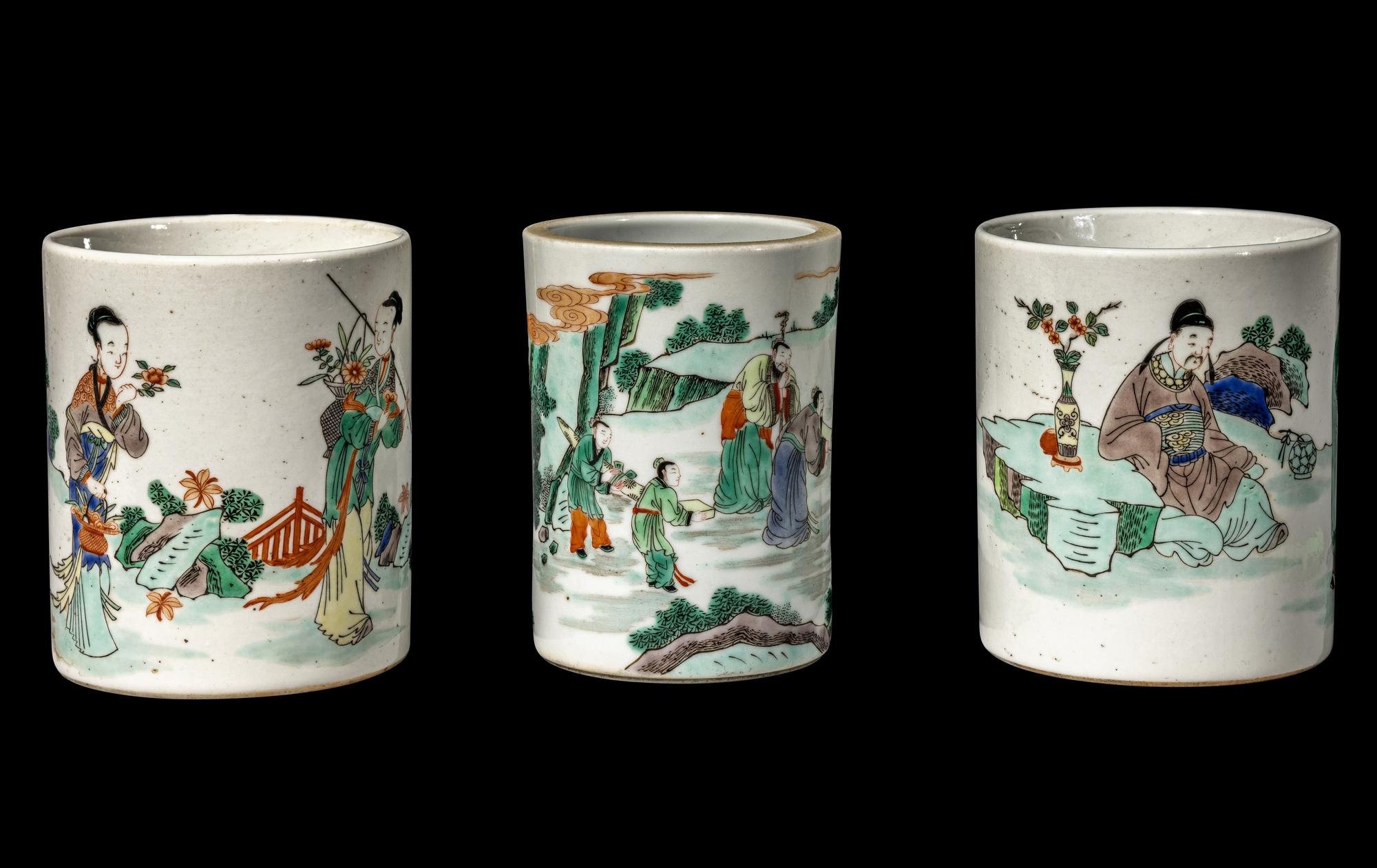 Three Chinese Famille Verte Porcelain Brushpots, Bitong