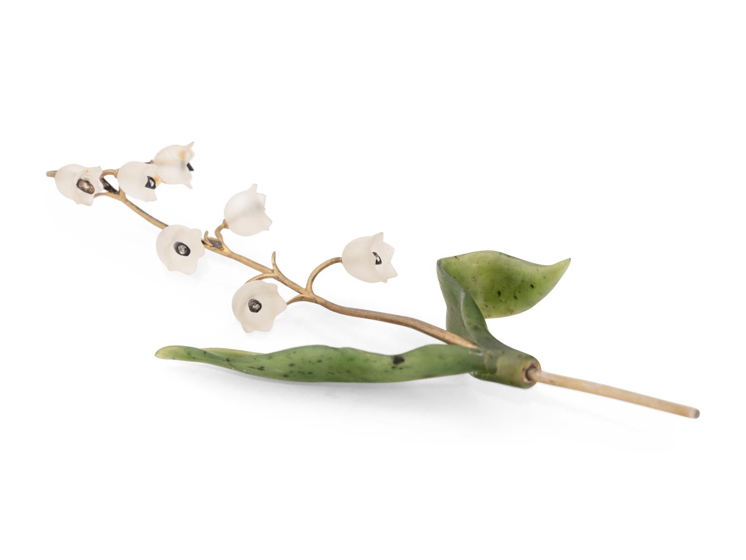 An Important Cartier Carved Rock Crystal, Aventurine and Moonstone Lily of the Valley Flower Study