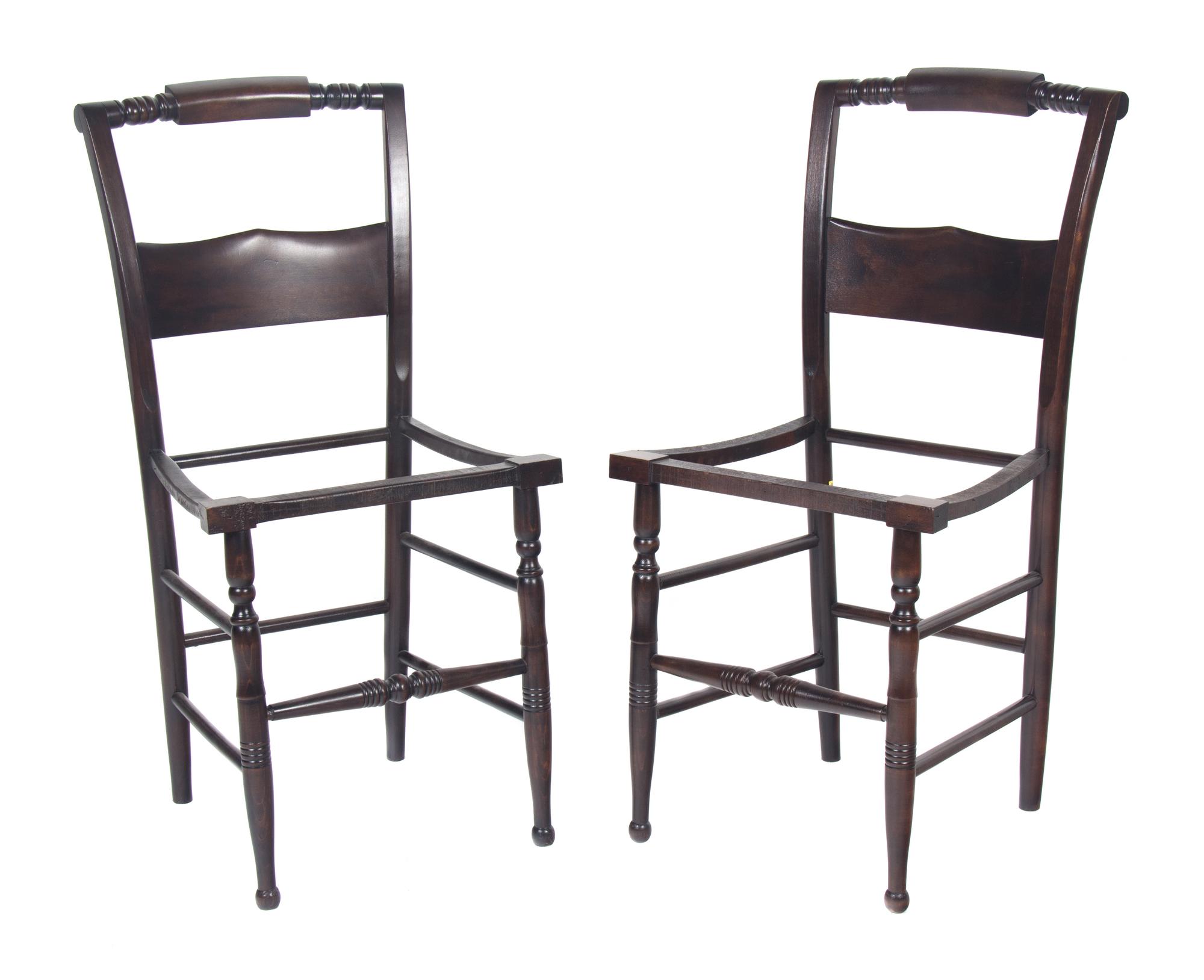 A Pair of Wooden Chairs Height 34 1/2 inches x width 17 1/4 inches x depth 14 inches.
