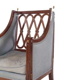 A Pair of Russian Neoclassical Brass Inlaid Mahogany Armchairs