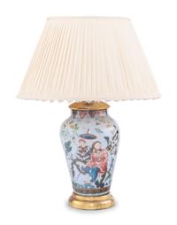 A Reverse Painted Glass and Giltwood Table Lamp
