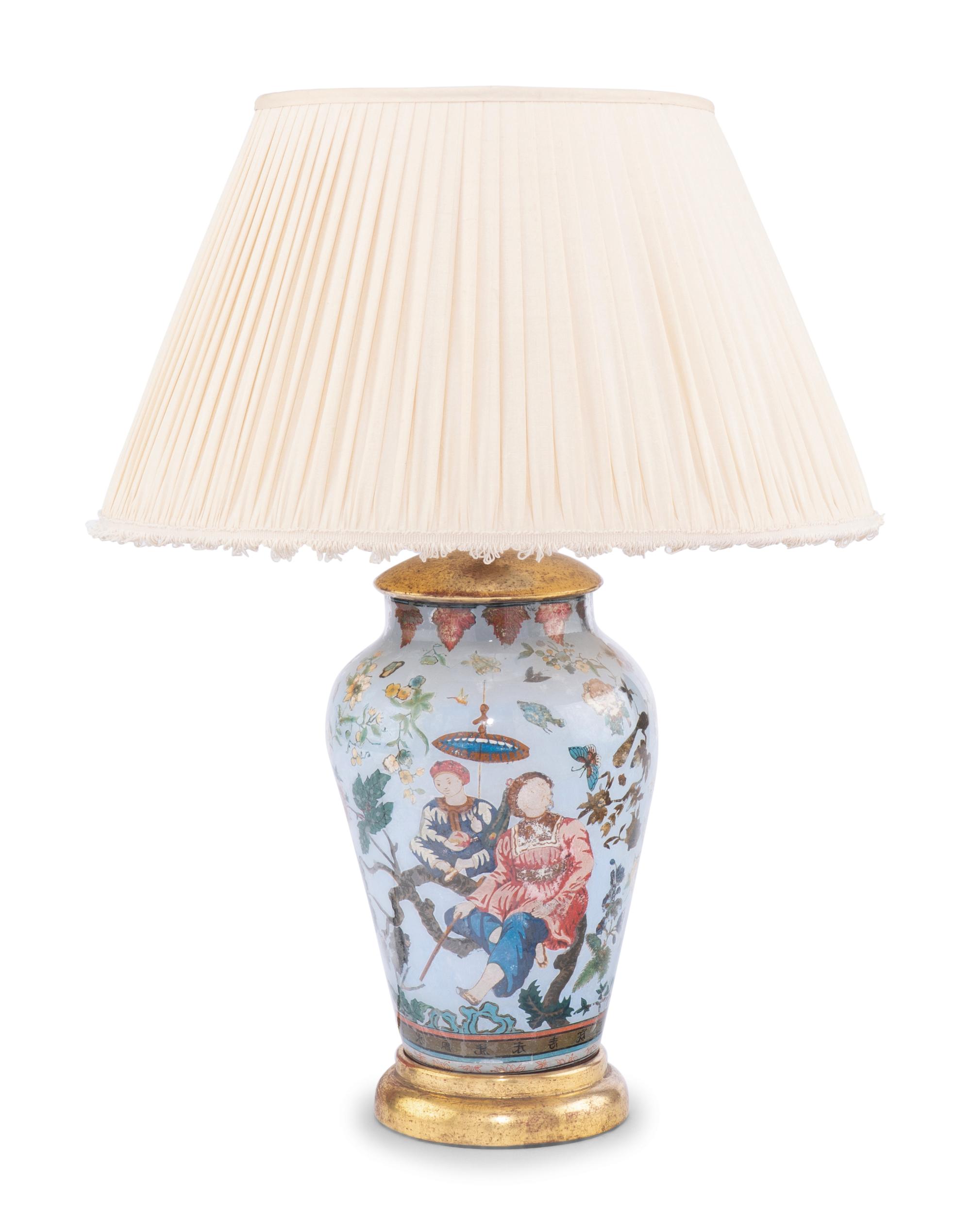 A Reverse Painted Glass and Giltwood Table Lamp