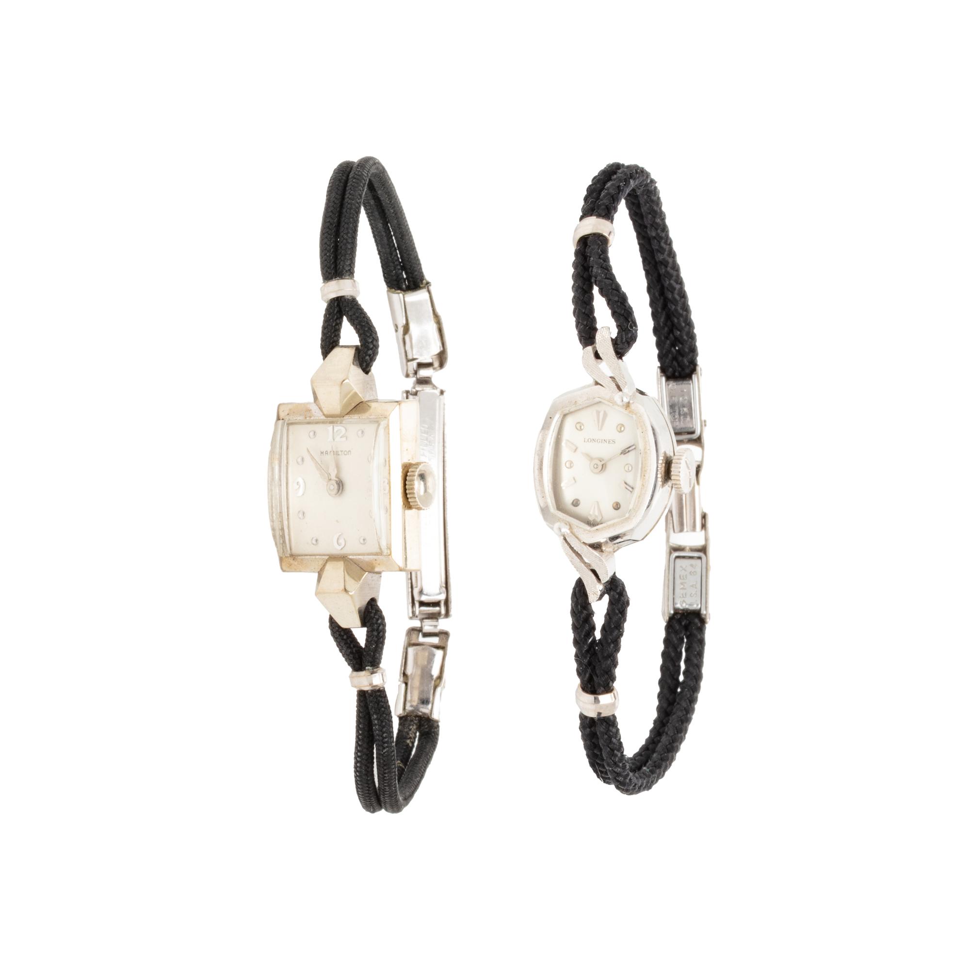 TWO 14K WHITE GOLD WATCHES BY HAMILTON AND LONGINES