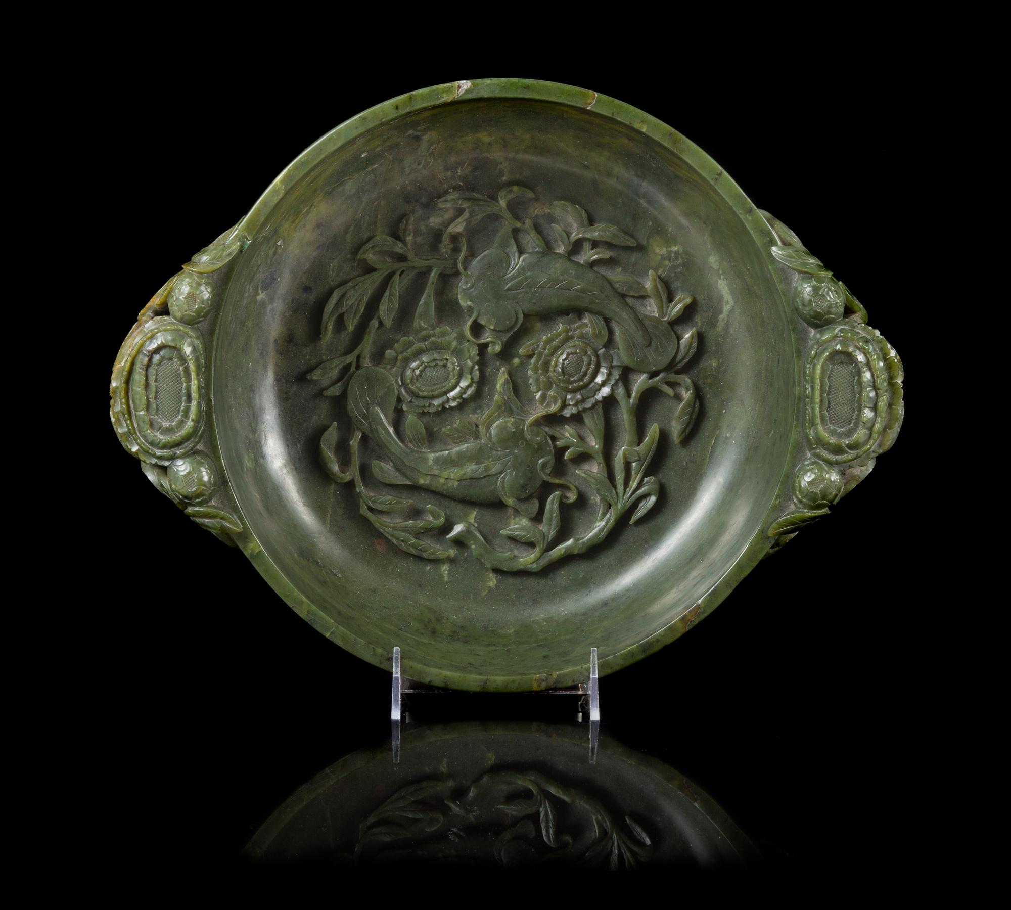 A Large Spinach Jade Bowl Length 15 inches. — LIKELY 18TH CENTURY