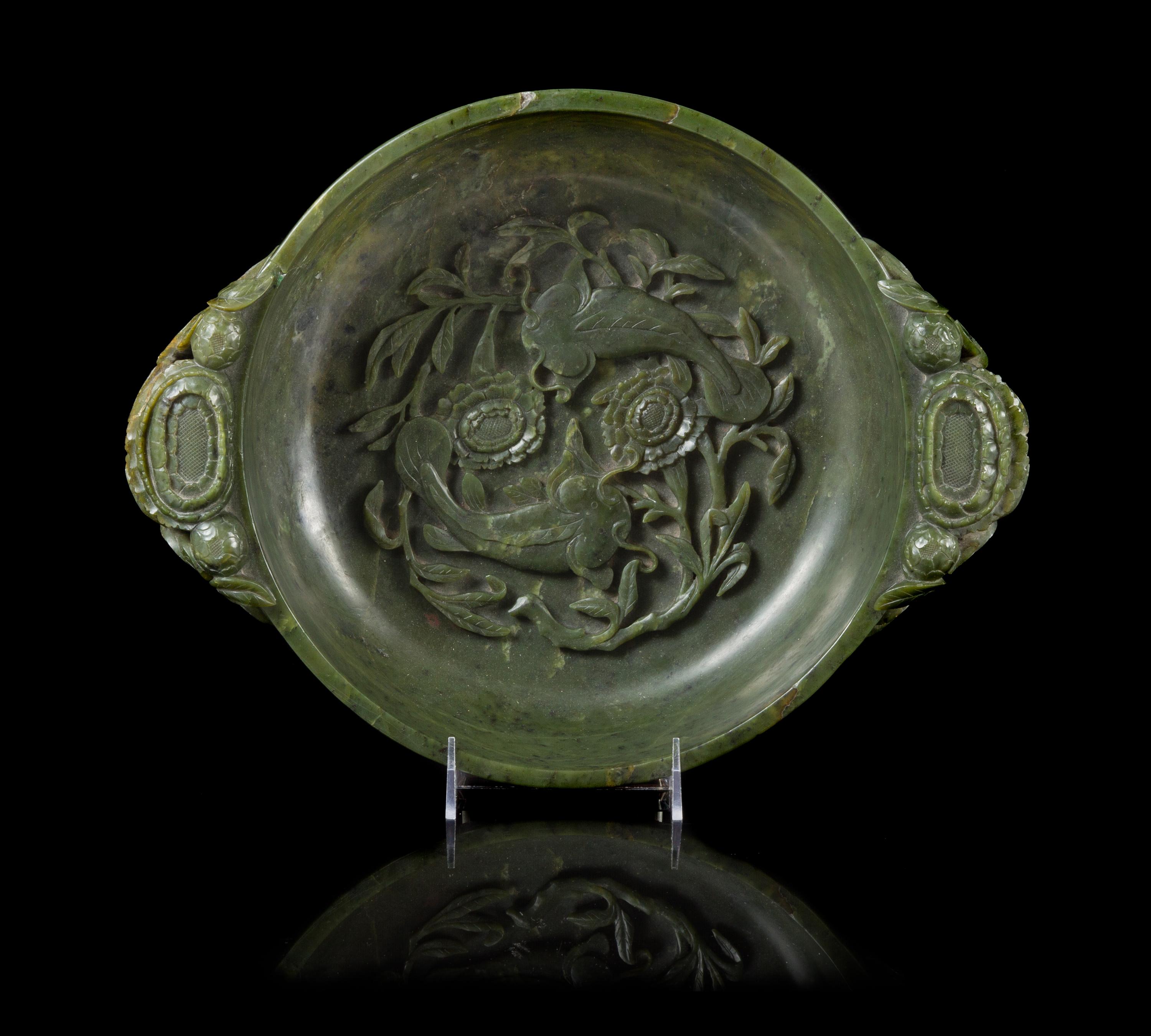 A Large Spinach Jade Bowl Length 15 inches. — LIKELY 18TH CENTURY