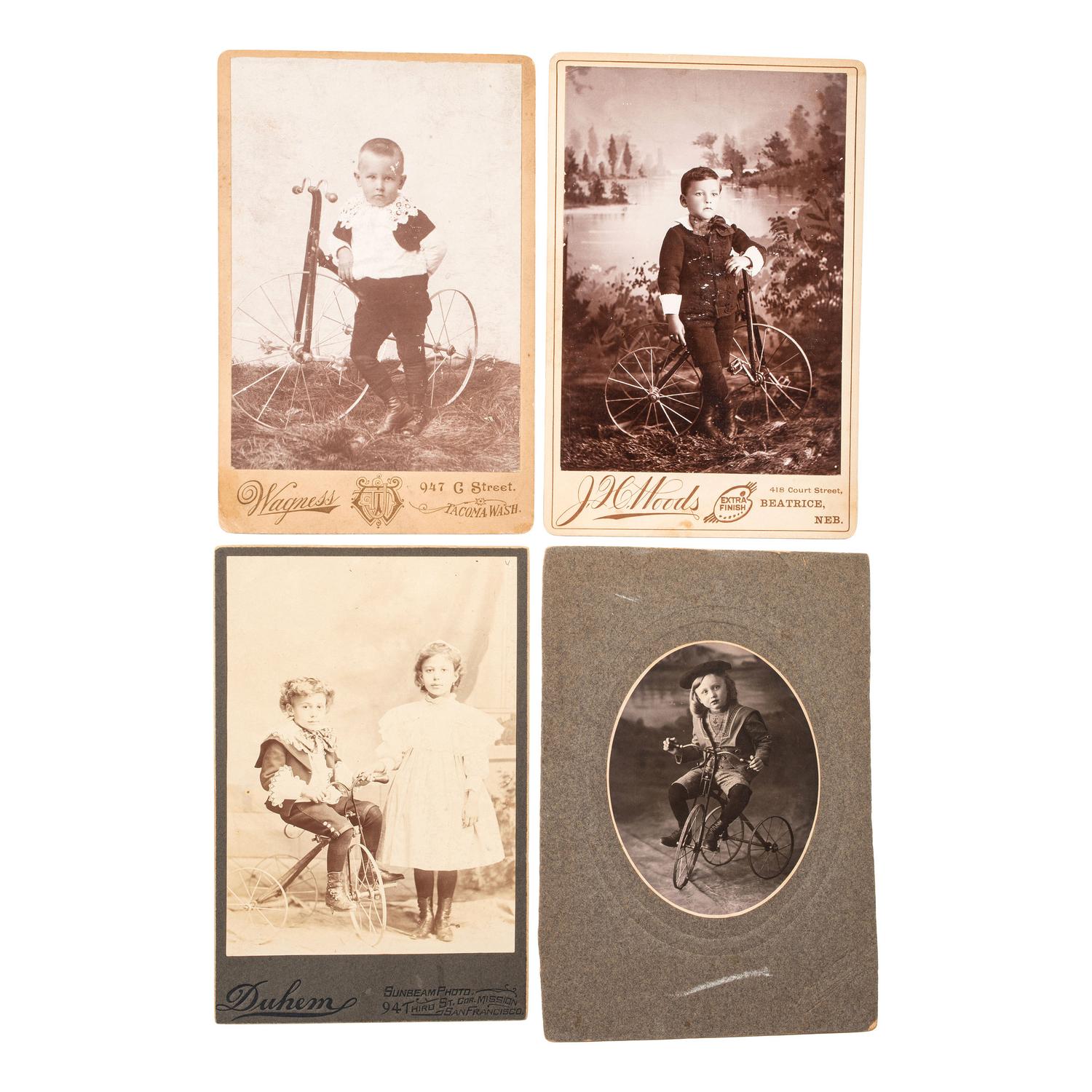 [BICYCLES]. A group of early photographs of cyclists, including children with tricycles, wagons, and riding toys.