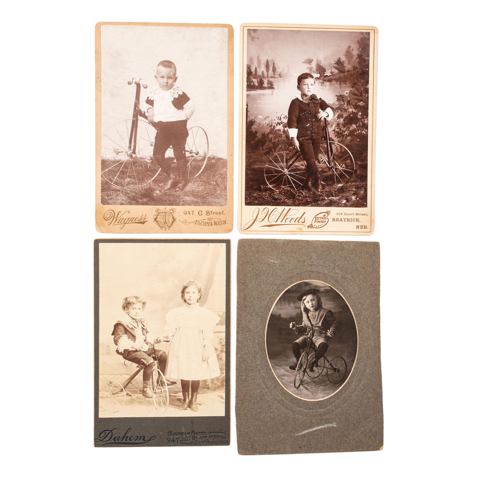 [BICYCLES]. A group of early photographs of cyclists, including children with tricycles, wagons, and riding toys.
