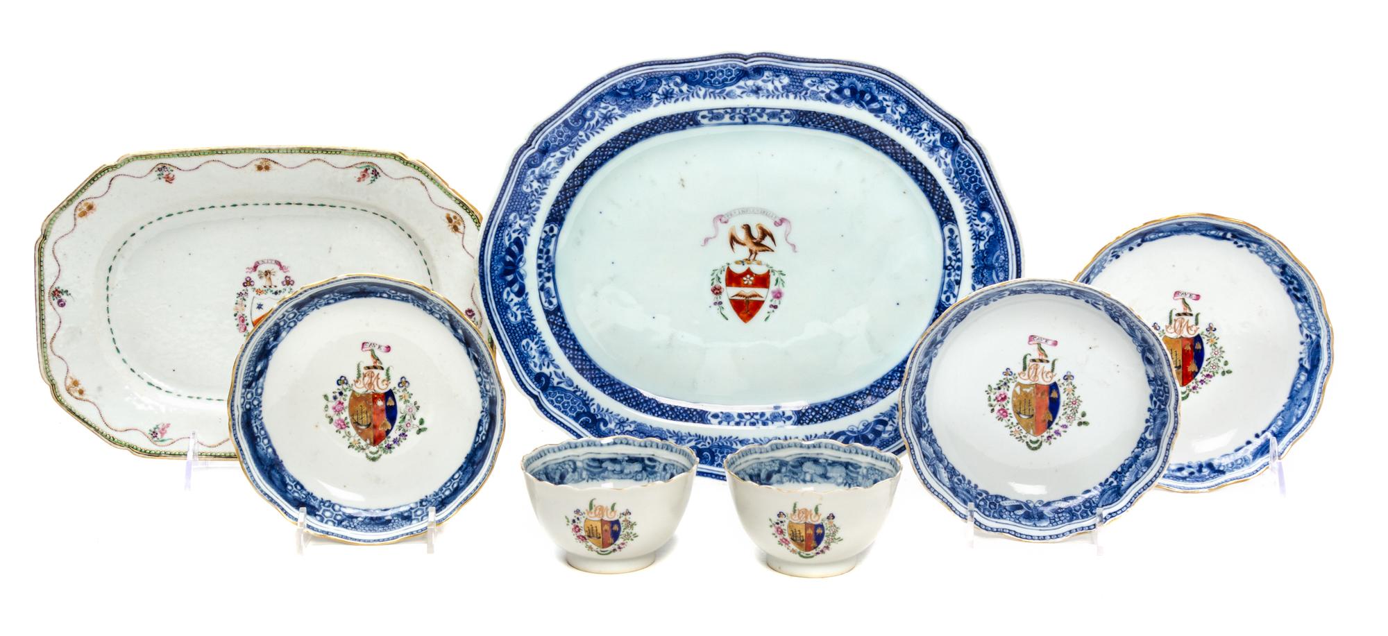 A Group of Chinese Export Porcelain Armorial Articles Width of widest 11 7/8 inches.