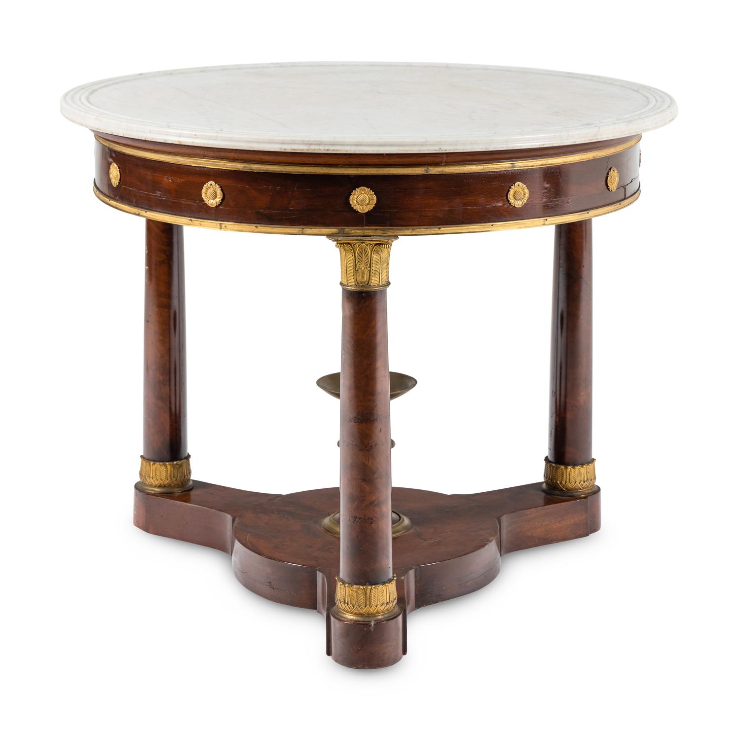 An Empire Style Gilt Bronze Mounted Mahogany Marble-Top Table