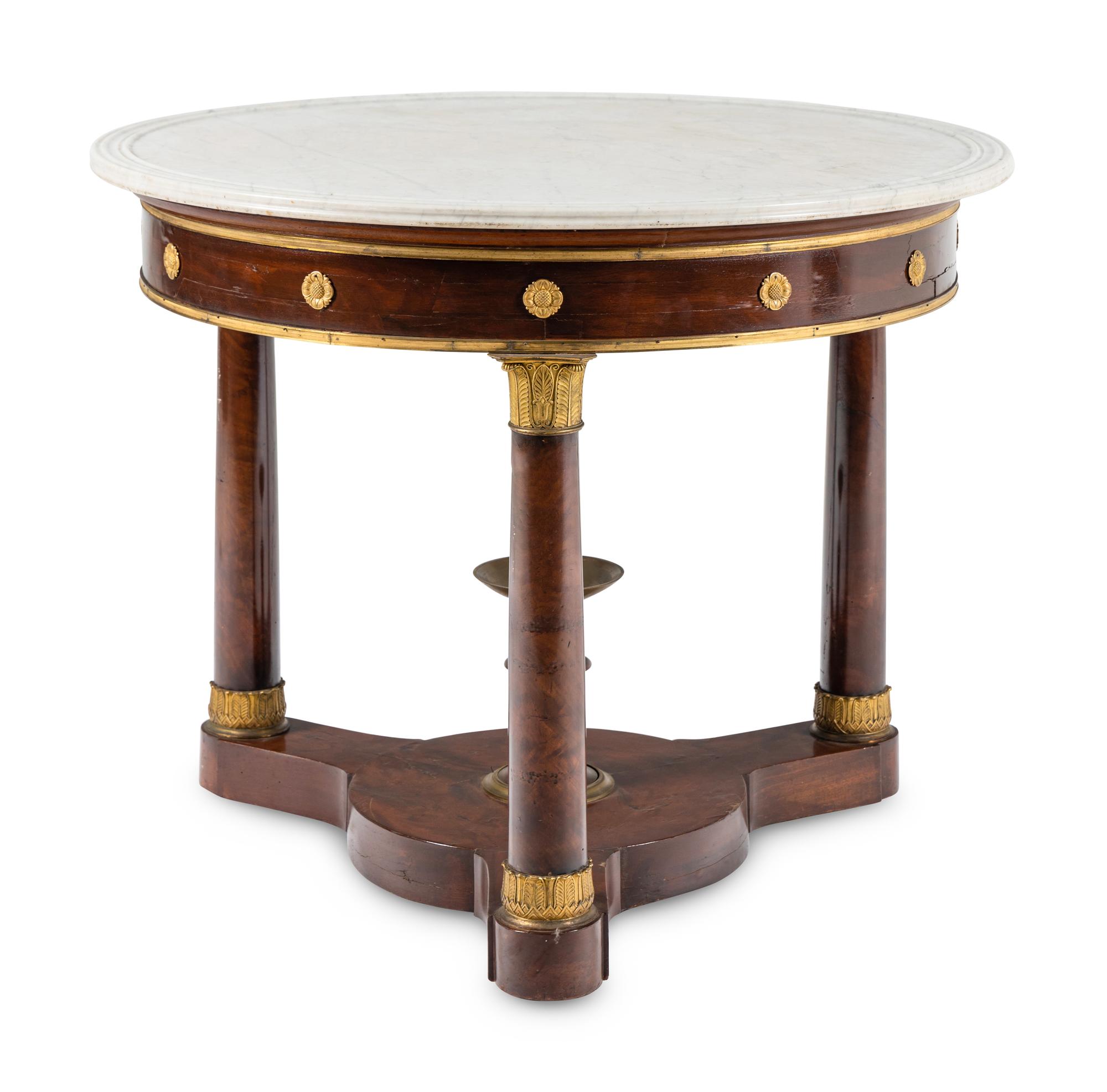 An Empire Style Gilt Bronze Mounted Mahogany Marble-Top Table