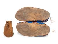 Assiniboine Beaded Hide Moccasins AND Beaded Hide Pouch