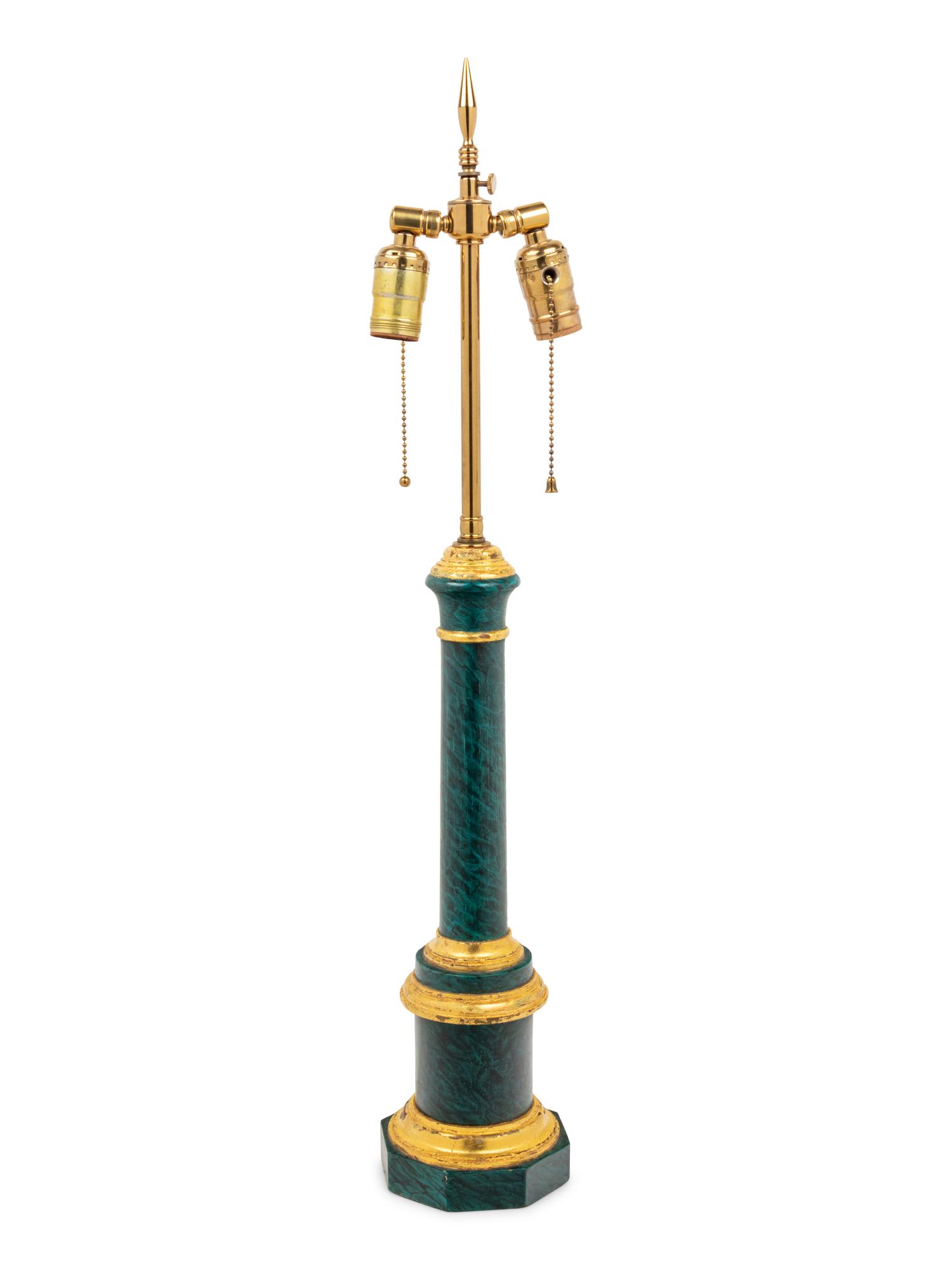 A Parcel Gilt Faux Malachite Lamp with a Silk Shade
