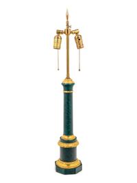 A Parcel Gilt Faux Malachite Lamp with a Silk Shade