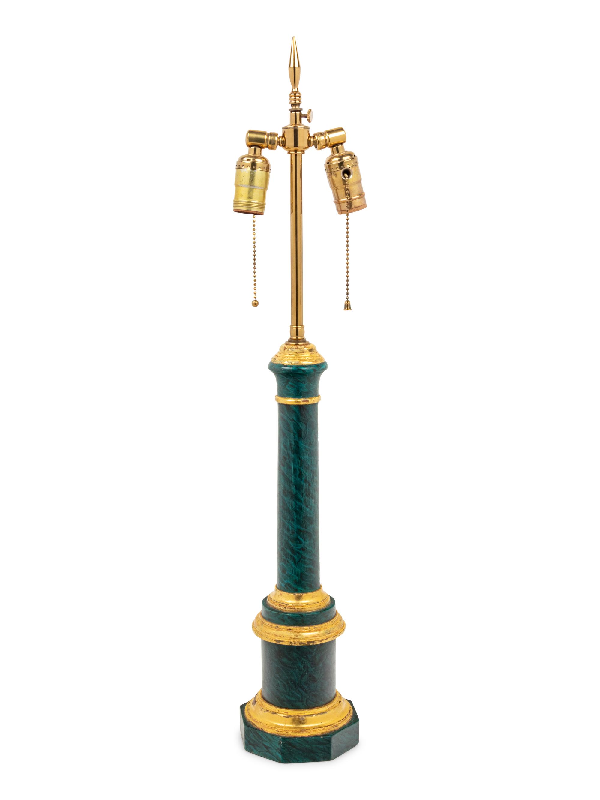 A Parcel Gilt Faux Malachite Lamp with a Silk Shade