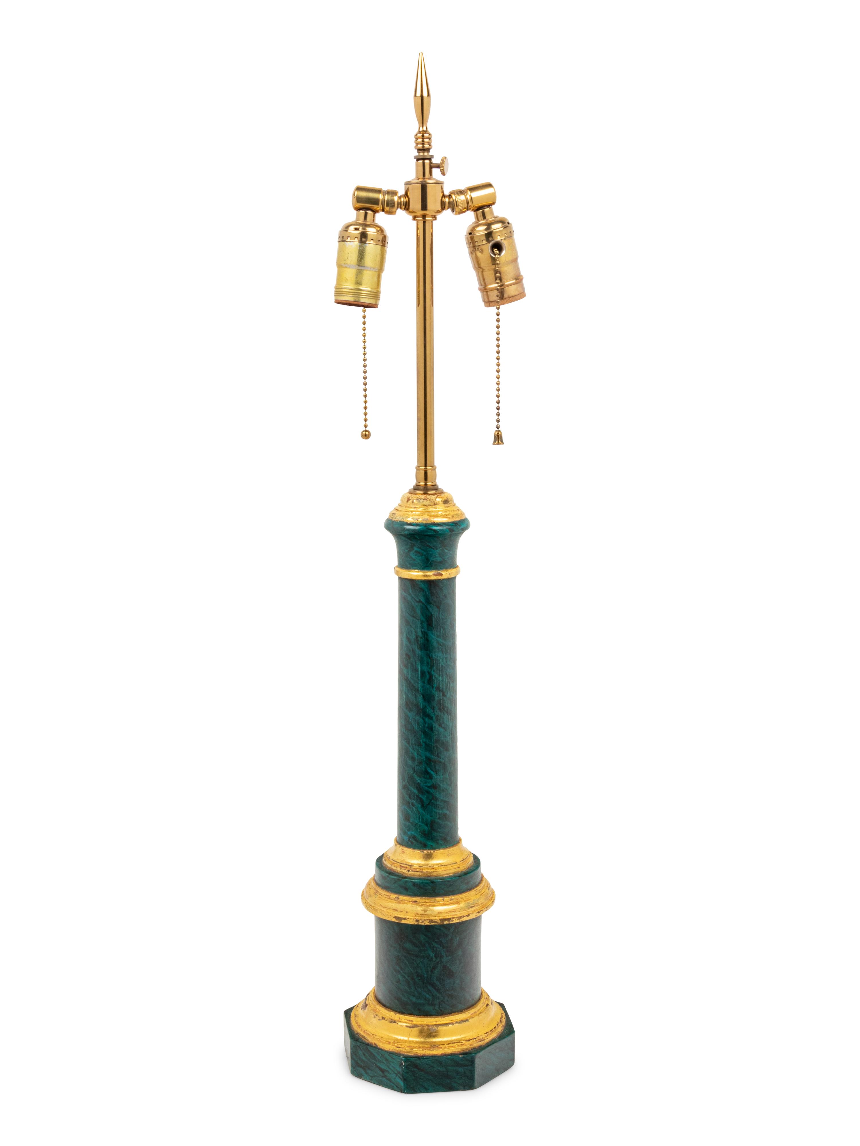 A Parcel Gilt Faux Malachite Lamp with a Silk Shade