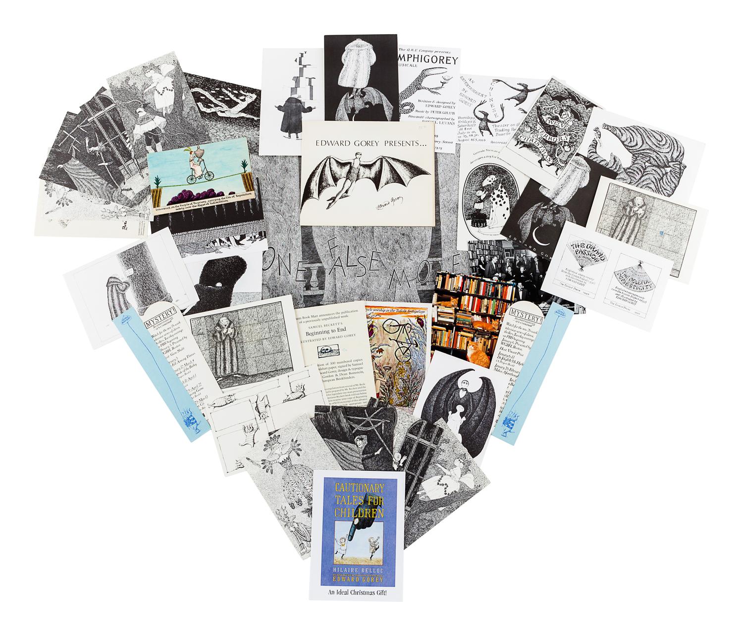 GOREY, Edward. A group of postcards, with one vinyl record, including: