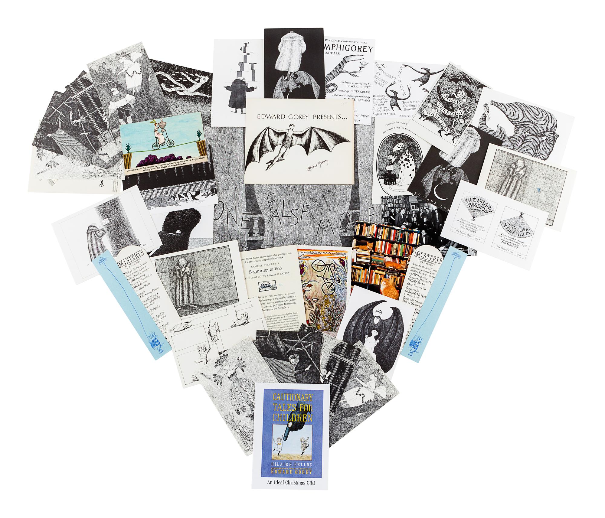 GOREY, Edward. A group of postcards, with one vinyl record, including: