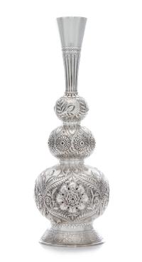 An American Silver Vase, Tiffany & Co., New York, NY, Late 19th/Early 20th Century, the triple-gourd body having Orientalist floral and