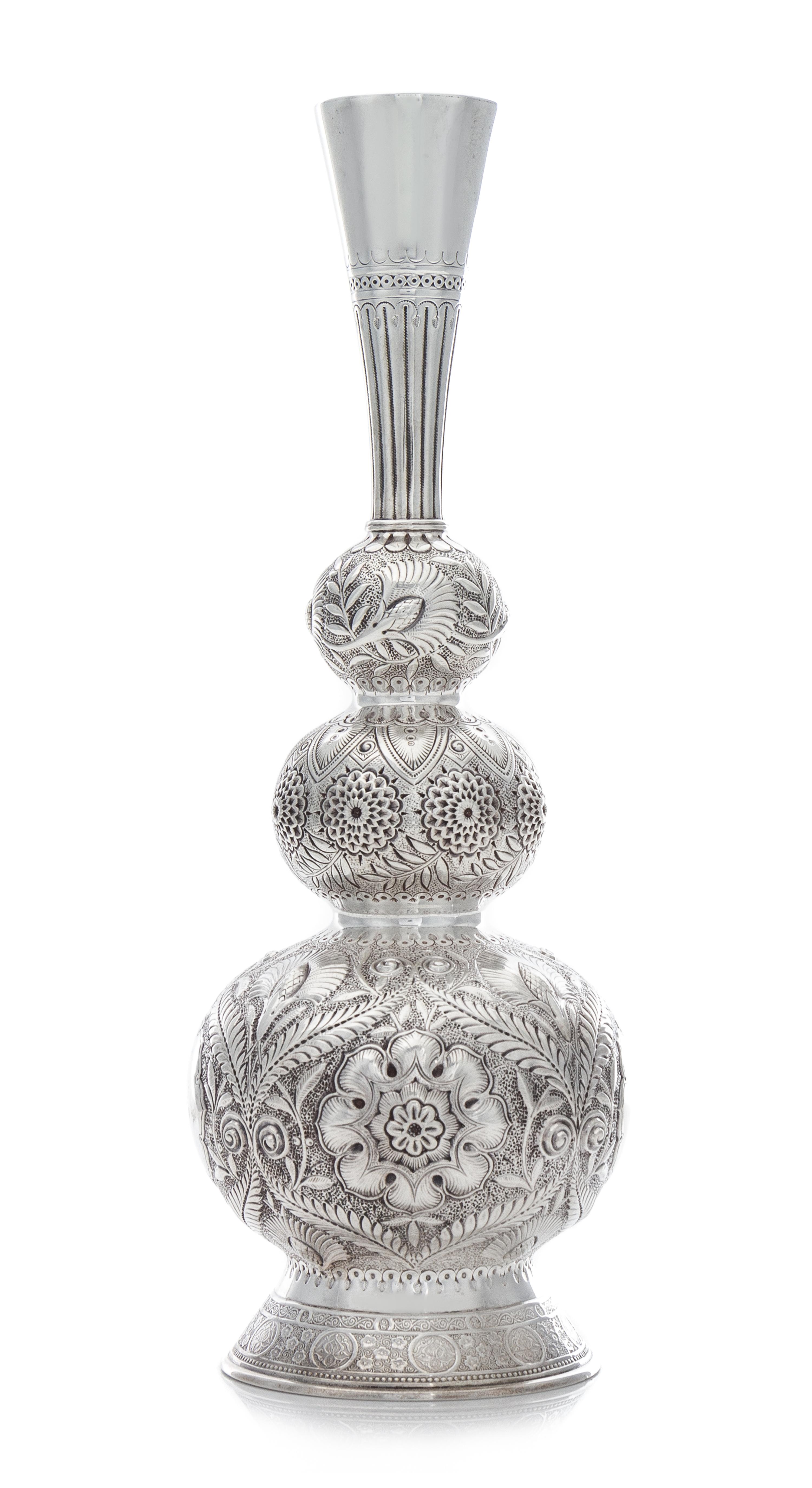 An American Silver Vase, Tiffany & Co., New York, NY, Late 19th/Early 20th Century, the triple-gourd body having Orientalist floral and