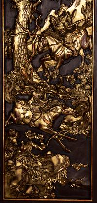 A Pair of Chinese Gilt and Red Lacquered Carved Wood Panels