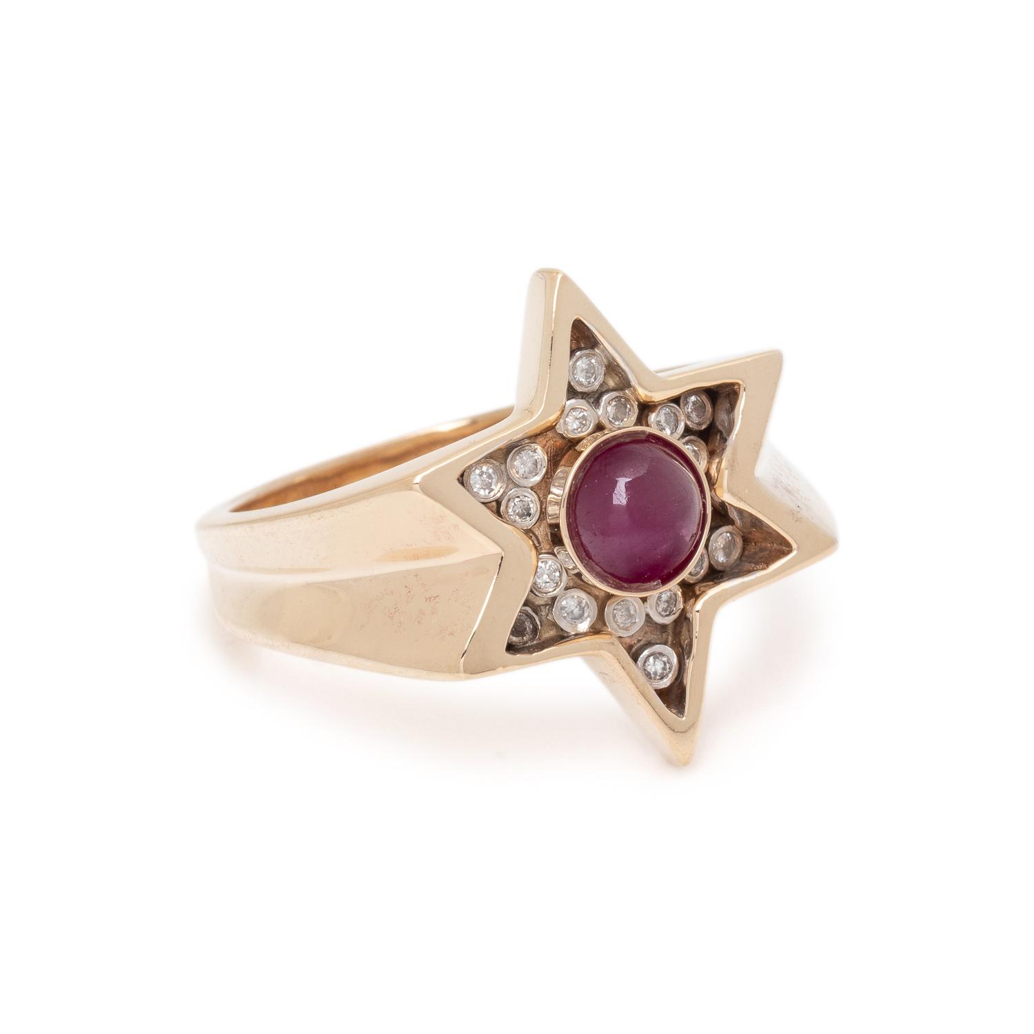 RUBY, DIAMOND, AND YELLOW GOLD STAR RING