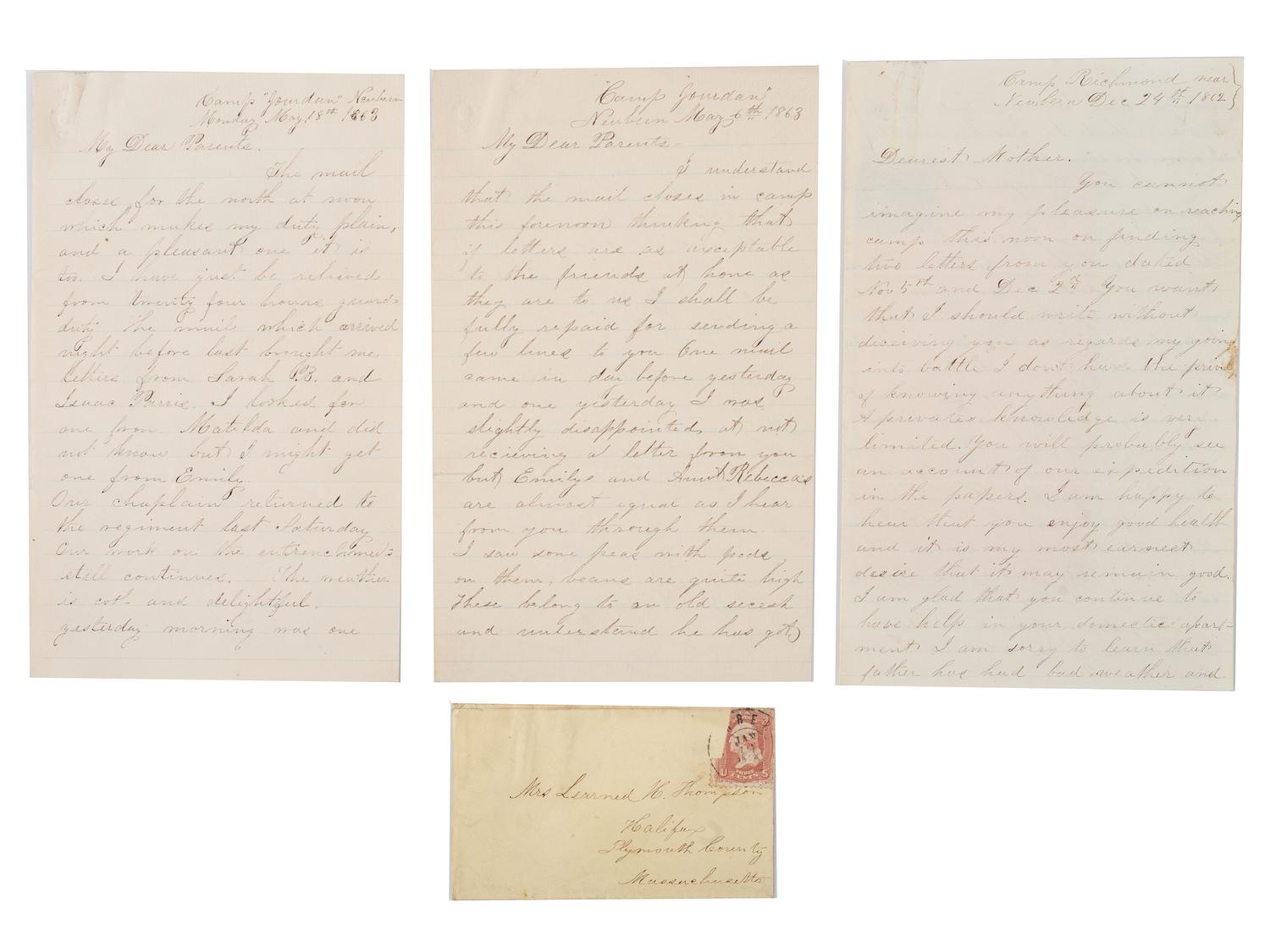 [CIVIL WAR]. A group of 10 letters from Private Morton Thompson, Co. A, 3rd Massachusetts Infantry.