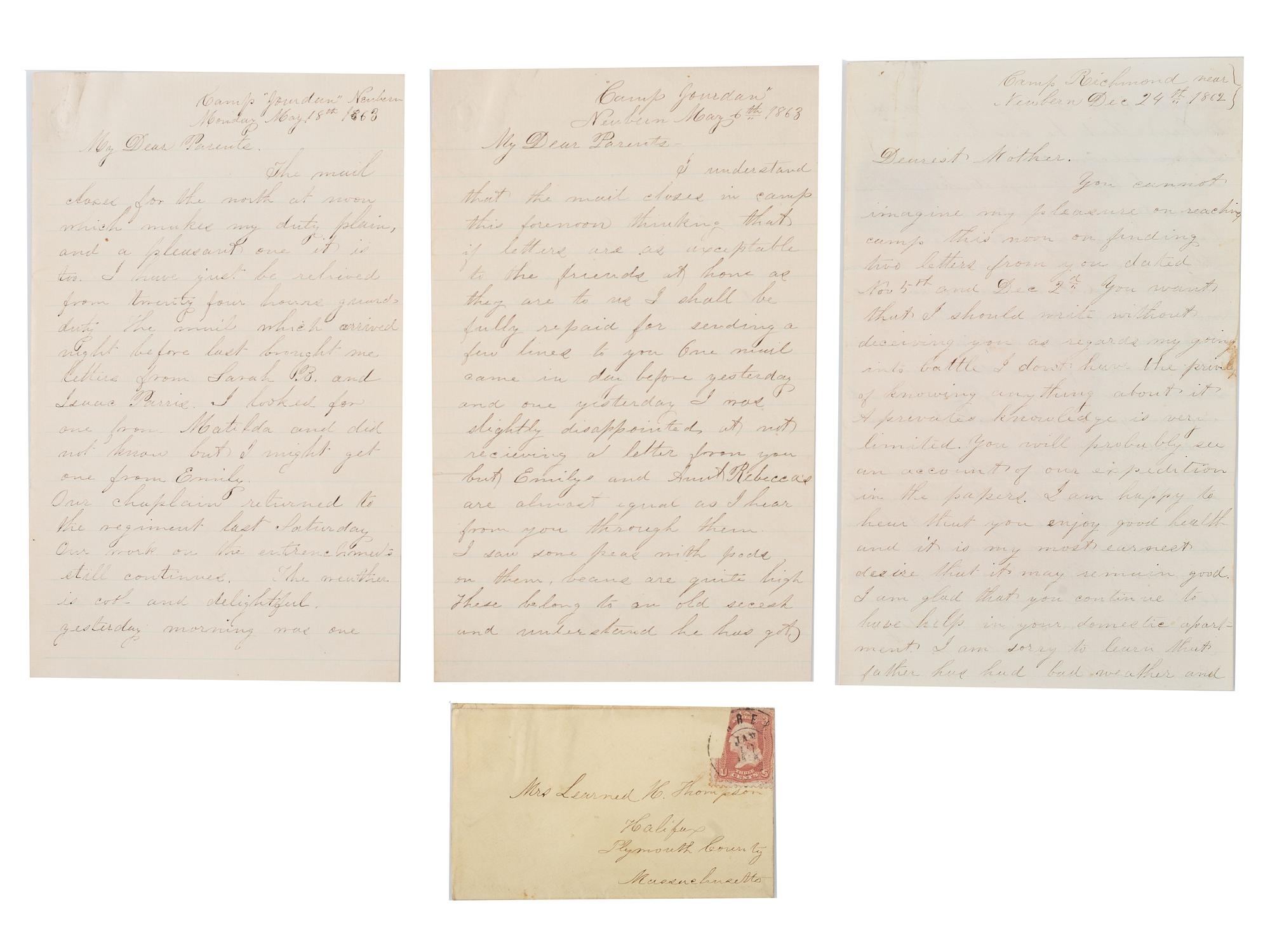 [CIVIL WAR]. A group of 10 letters from Private Morton Thompson, Co. A, 3rd Massachusetts Infantry.