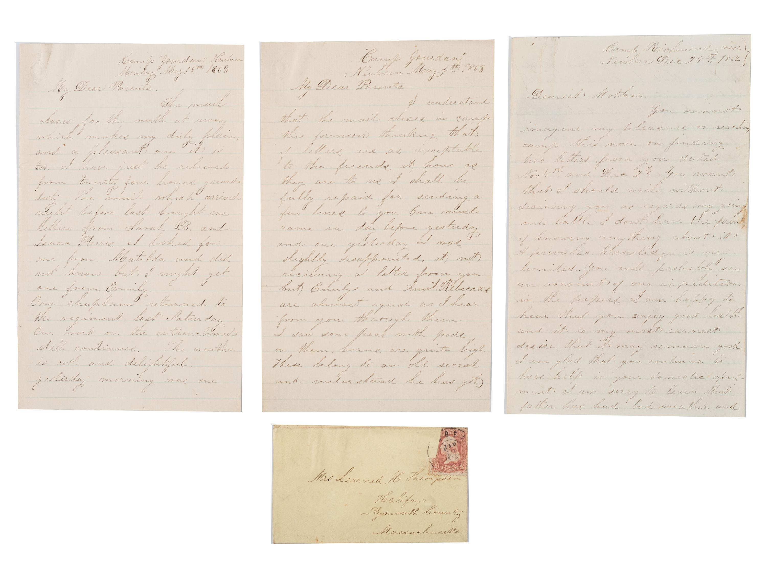 [CIVIL WAR]. A group of 10 letters from Private Morton Thompson, Co. A, 3rd Massachusetts Infantry.