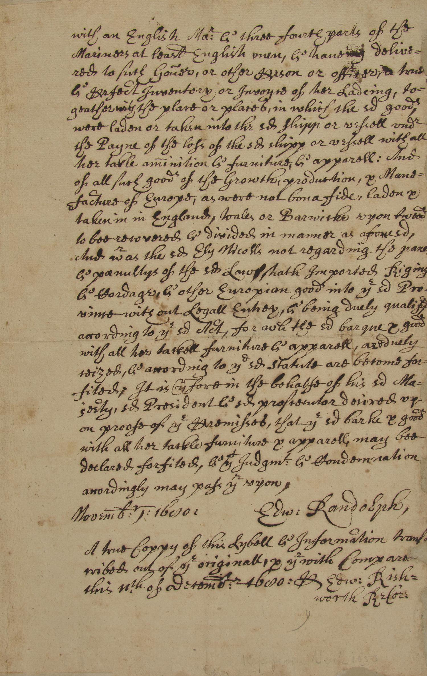 [Colonial America] Rishworth, Edward. Group of 3 Autograph Legal Documents, signed