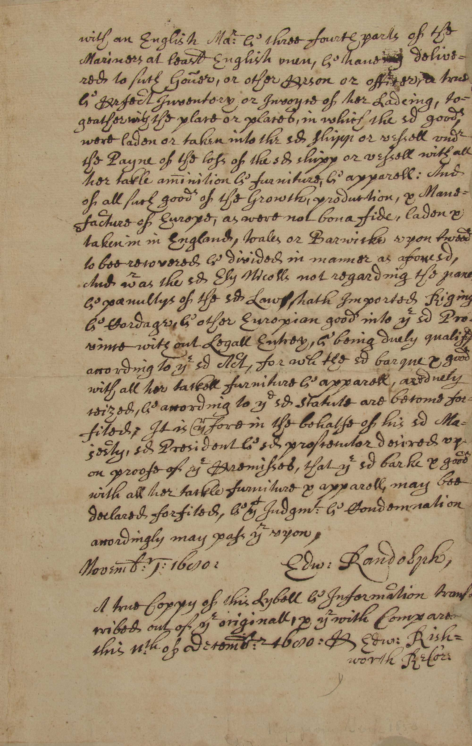 [Colonial America] Rishworth, Edward. Group of 3 Autograph Legal Documents, signed