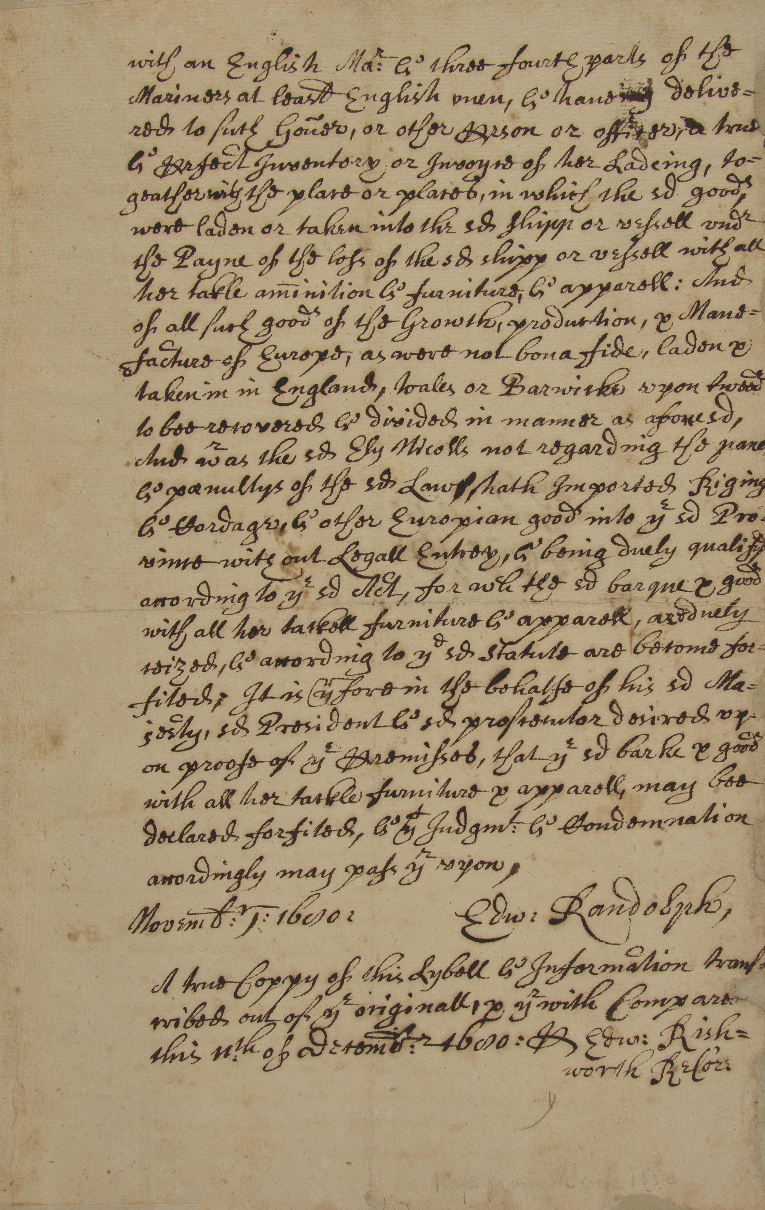[Colonial America] Rishworth, Edward. Group of 3 Autograph Legal Documents, signed