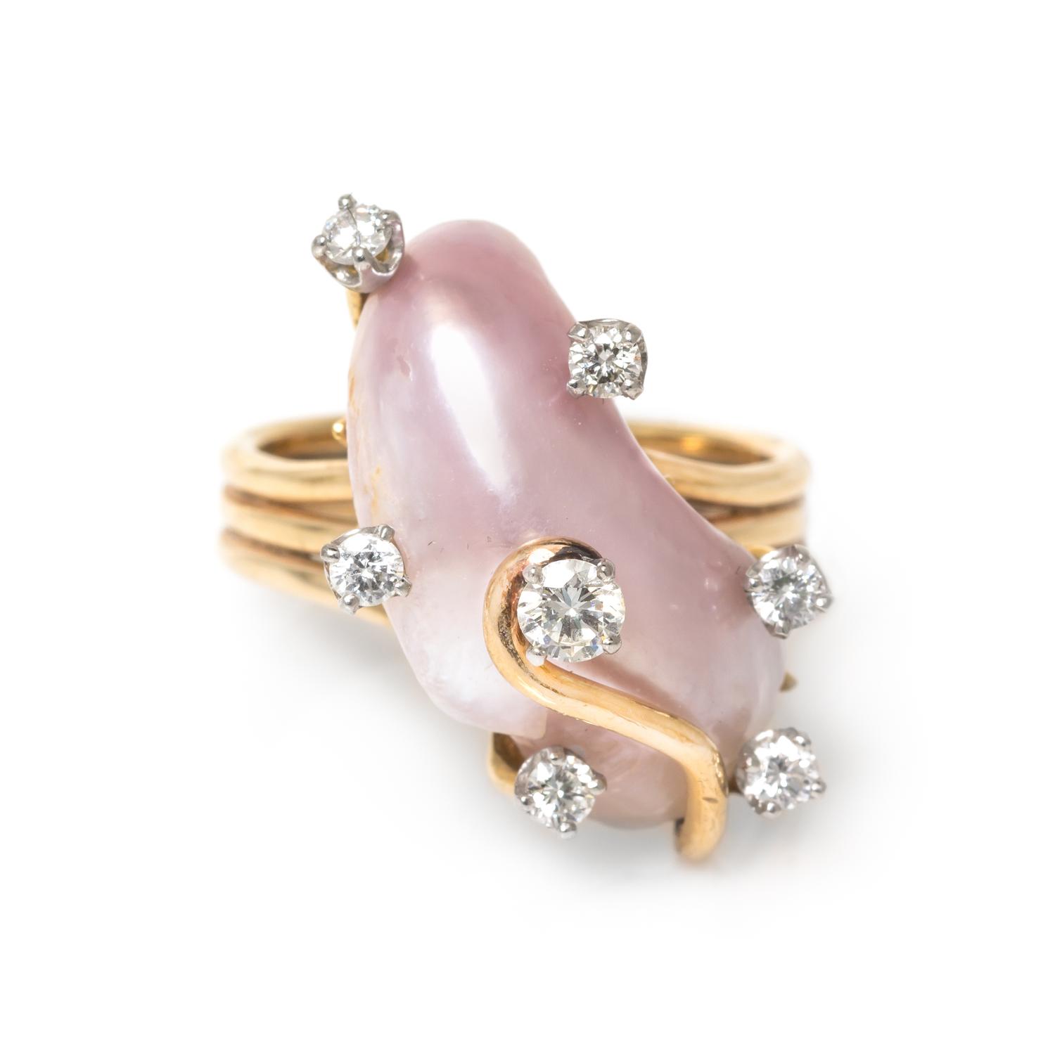 A 14 Karat Yellow Gold, Baroque Pearl and Diamond Ring, 7.60 dwts.