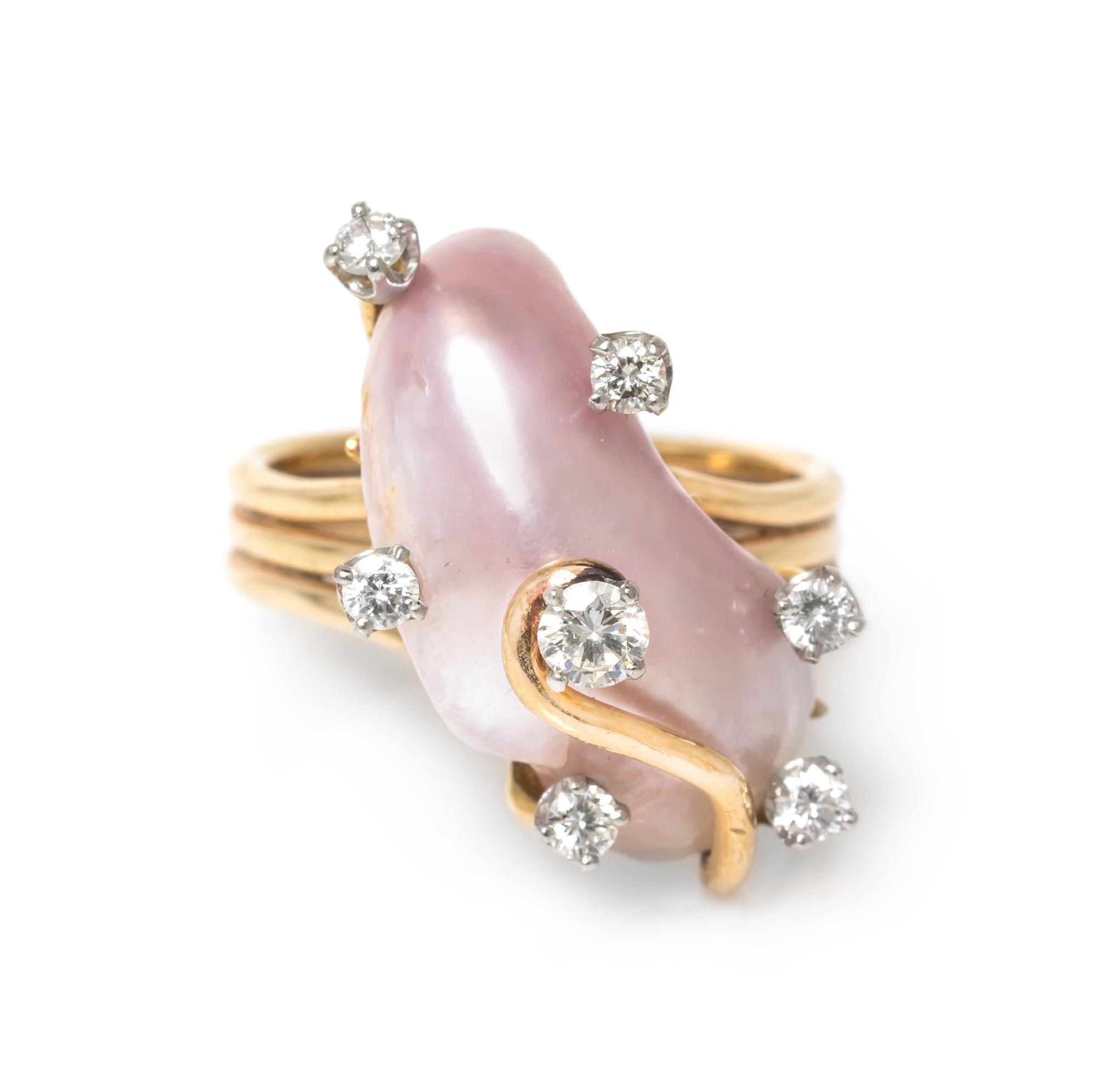 A 14 Karat Yellow Gold, Baroque Pearl and Diamond Ring, 7.60 dwts.
