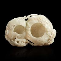 A Chinese carved white jade double-gourd washer with wood stand