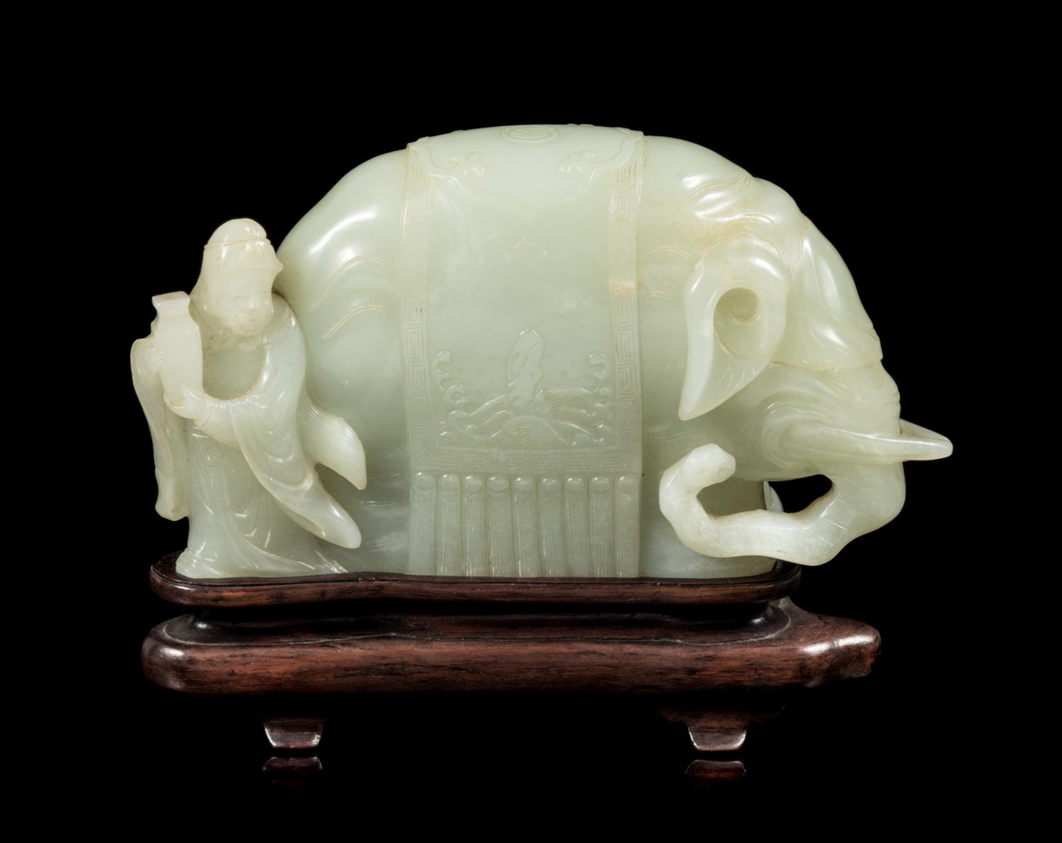 A Celadon Jade Figural Group of an Elephant and an Immortal Length 5 3/4 inches. — QIANLONG PERIOD (1735-1796)
