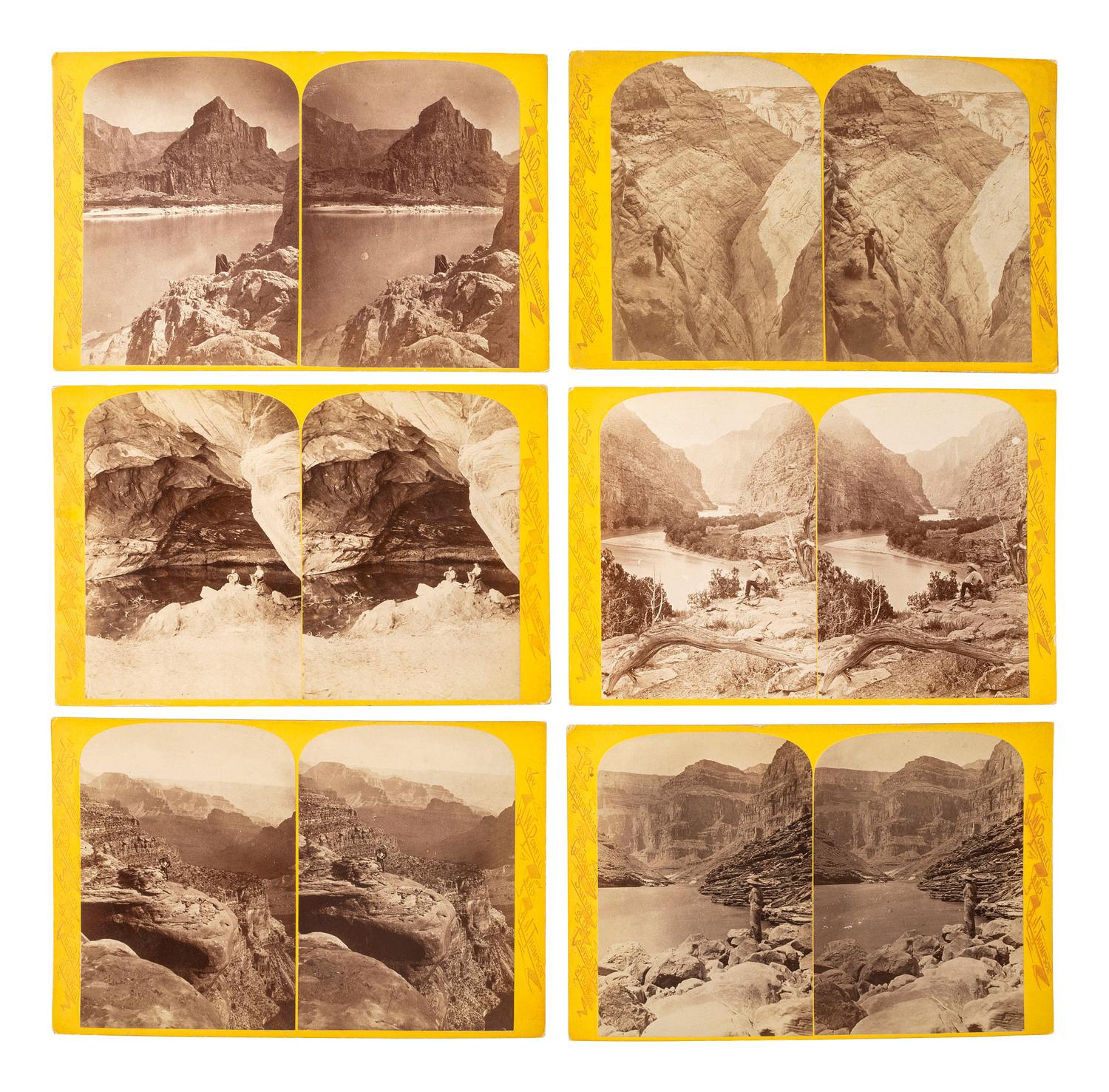 [WESTERN AMERICANA]. HILLERS, John K., FENNIMORE, J., and BEAMAN, E.O., photographers. A group of 10 Powell Expedition stereoviews, featuring images of crew members, boats, and the photographer's dark tent.