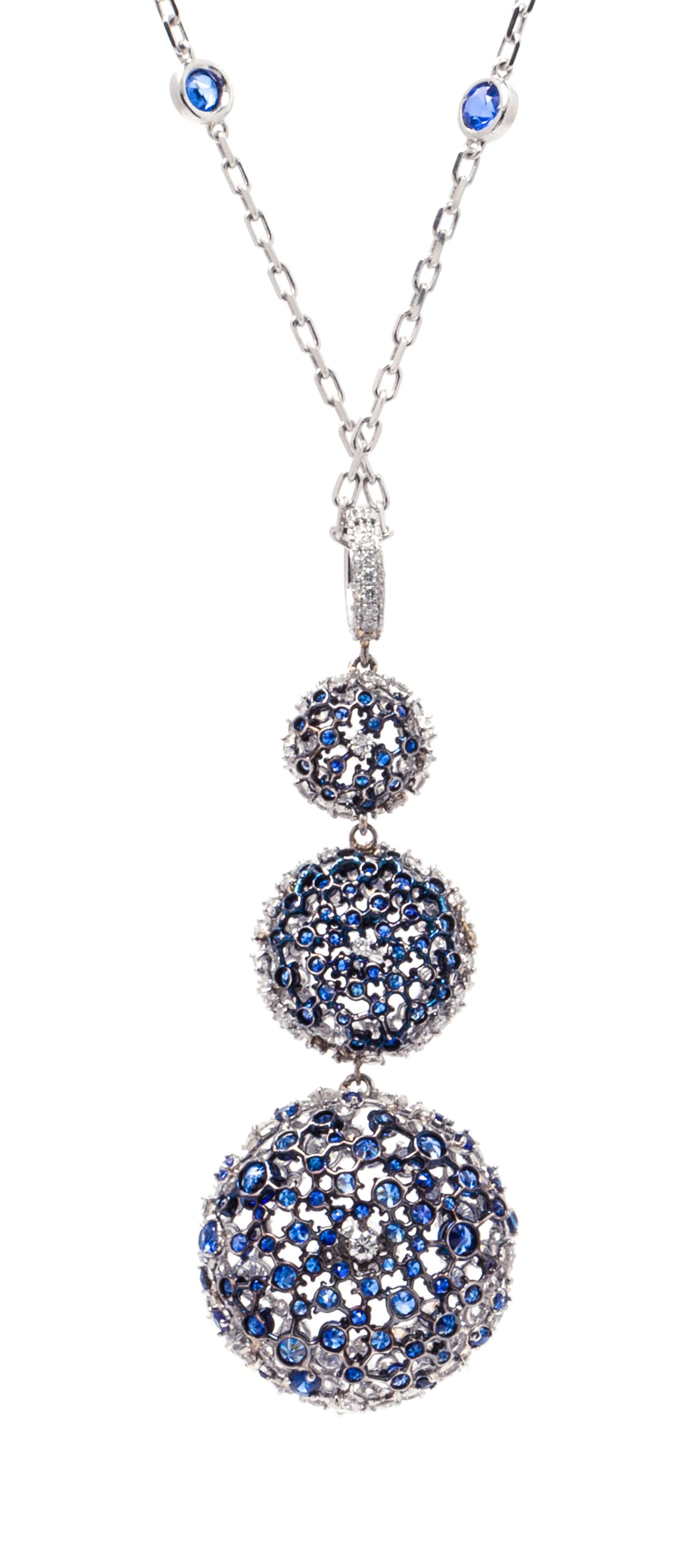 A Black Rhodium 18 Karat White Gold, Diamond and Sapphire 'PonPon' Pendant/Necklace, Mariani, 12.60 dwts.