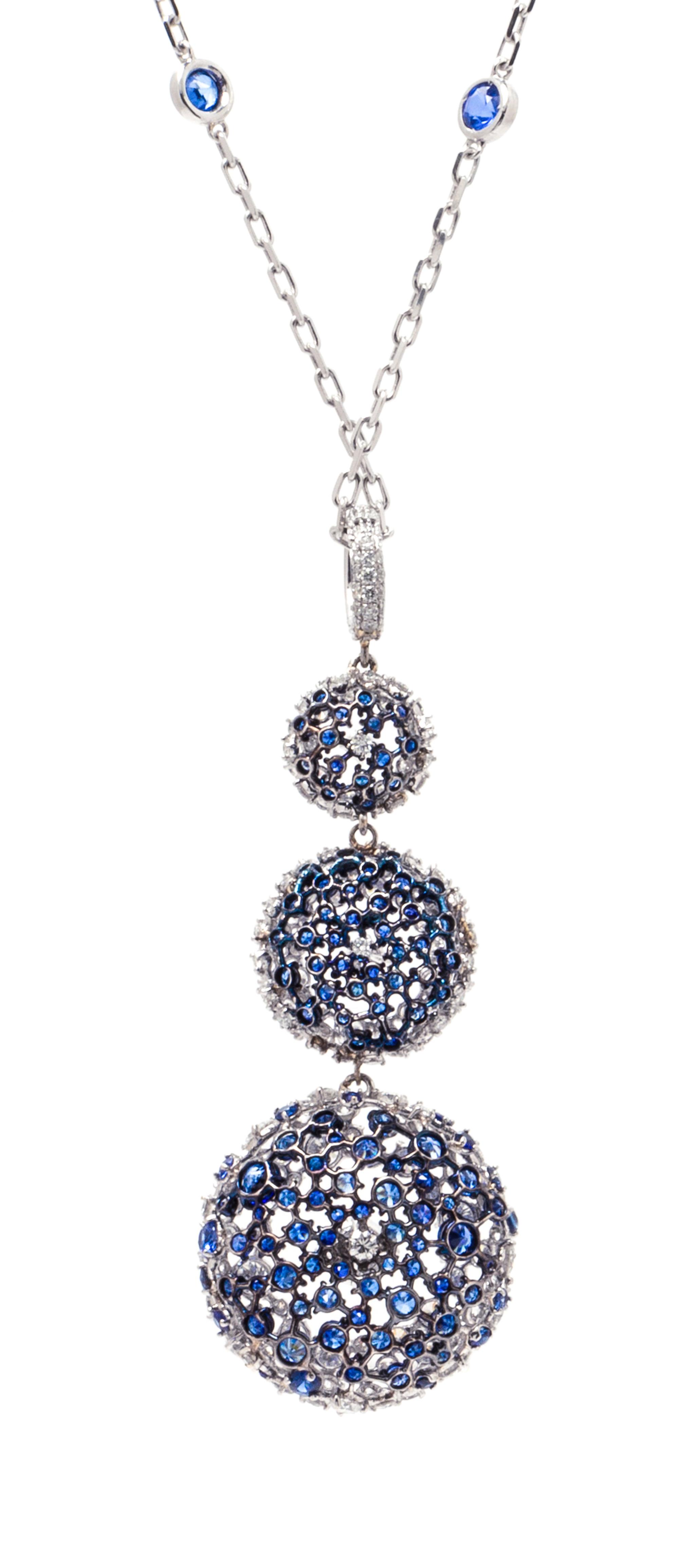 A Black Rhodium 18 Karat White Gold, Diamond and Sapphire 'PonPon' Pendant/Necklace, Mariani, 12.60 dwts.