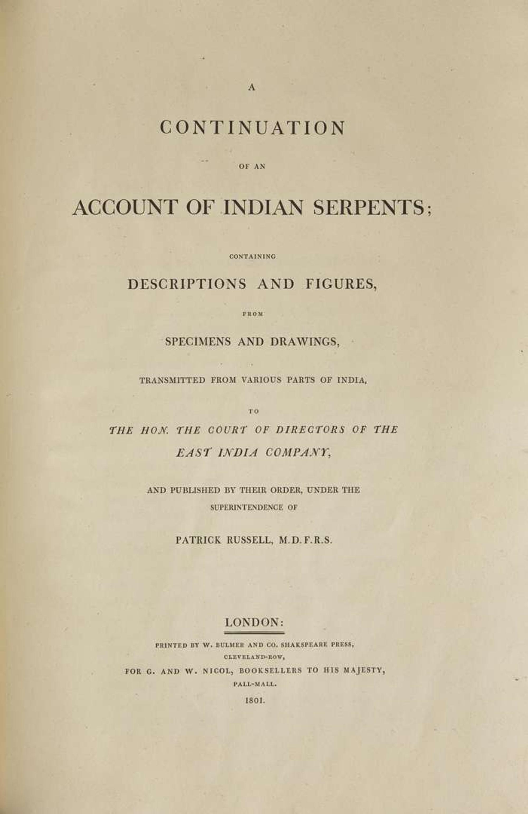 [Natural History] Russell, Patrick: An Account of Indian Serpents...