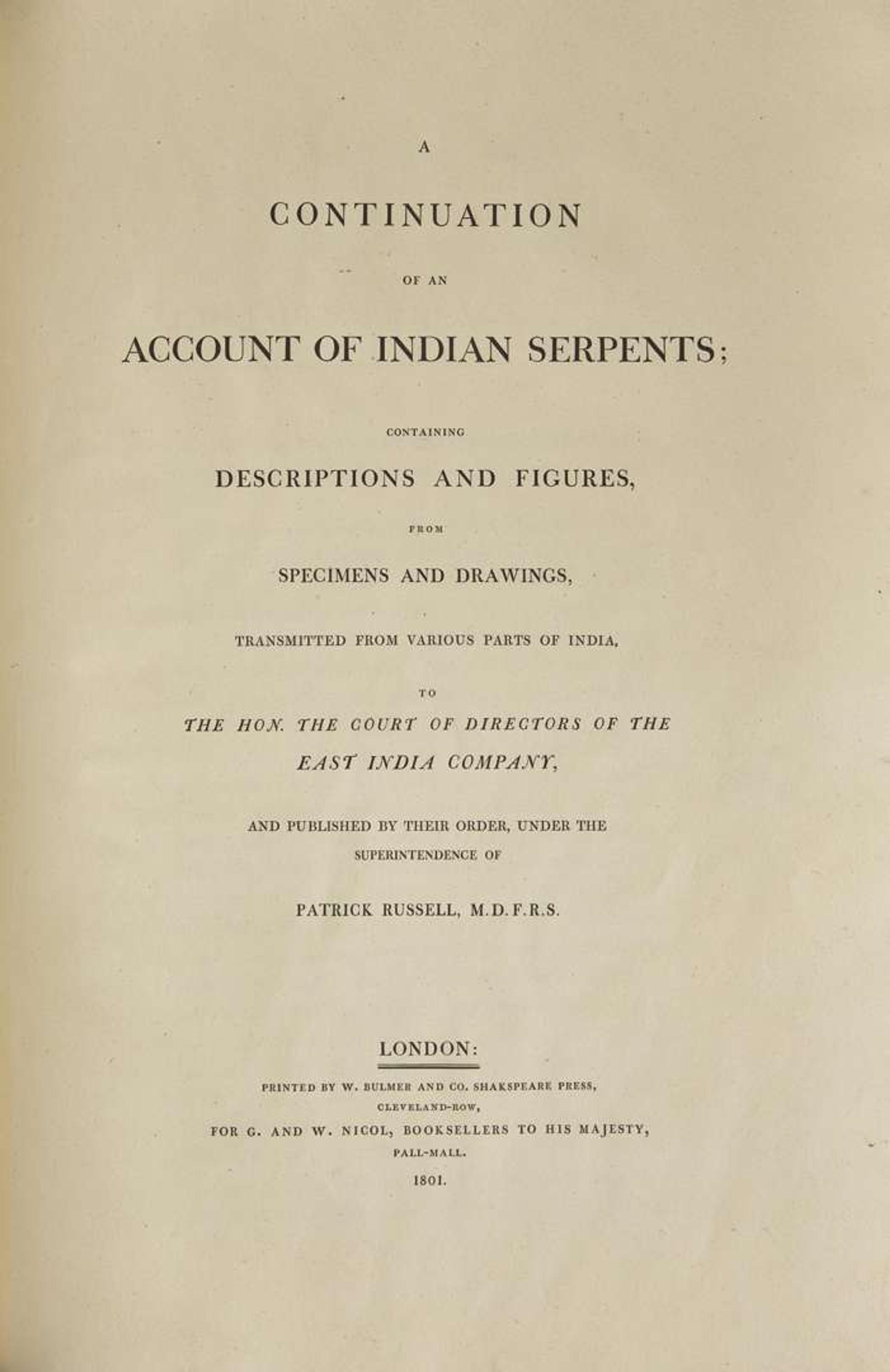[Natural History] Russell, Patrick: An Account of Indian Serpents...