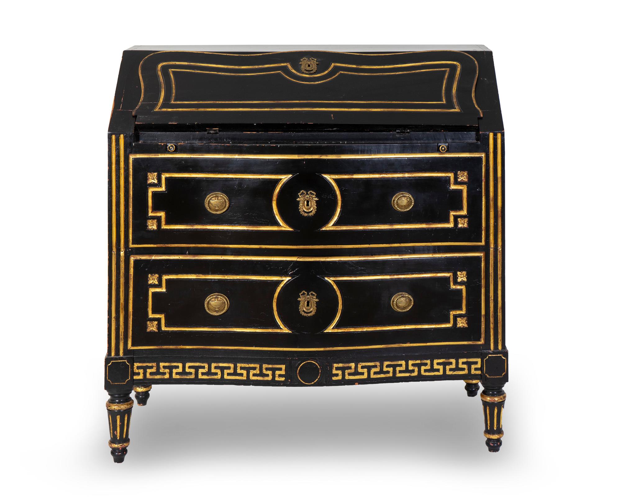 A Hollywood Regency Style Black and Gilt Painted Slant Front Desk — 20TH CENTURY